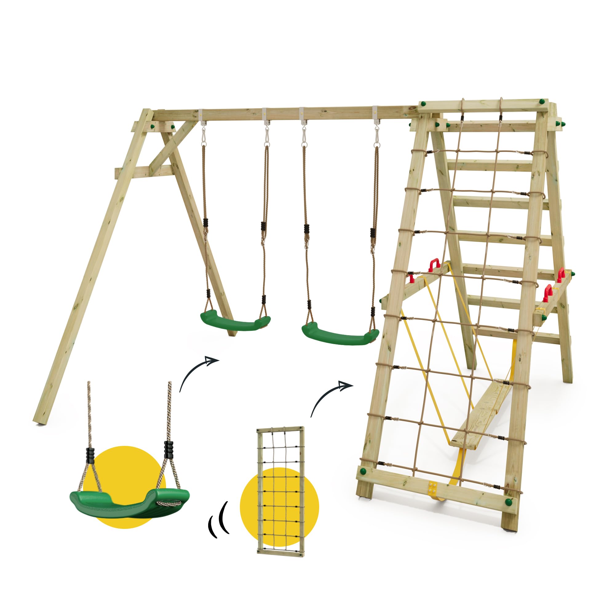 WICKEY Kinderschaukel Schaukelgestell Smart Hike grün - Schaukel & SurfSwing, Schaukelgerüst, Doppelschaukel, Holzschaukel mit Kletteranbau für Kinder im Garten