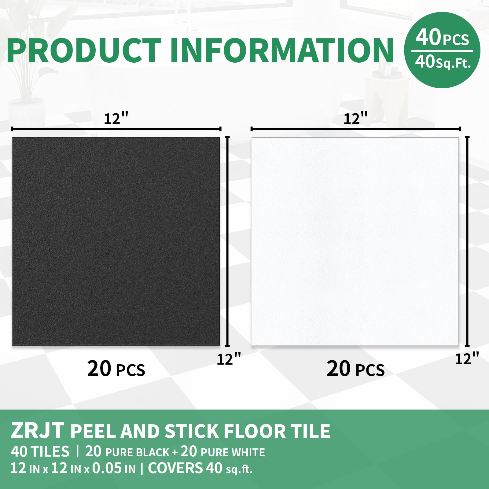 Confezione da 40 piastrelle adesive in vinile opaco per pavimenti, 30,5 x 30,5 cm, per affittuari, cucina, bagno, lavanderia, marmo bianco e nero