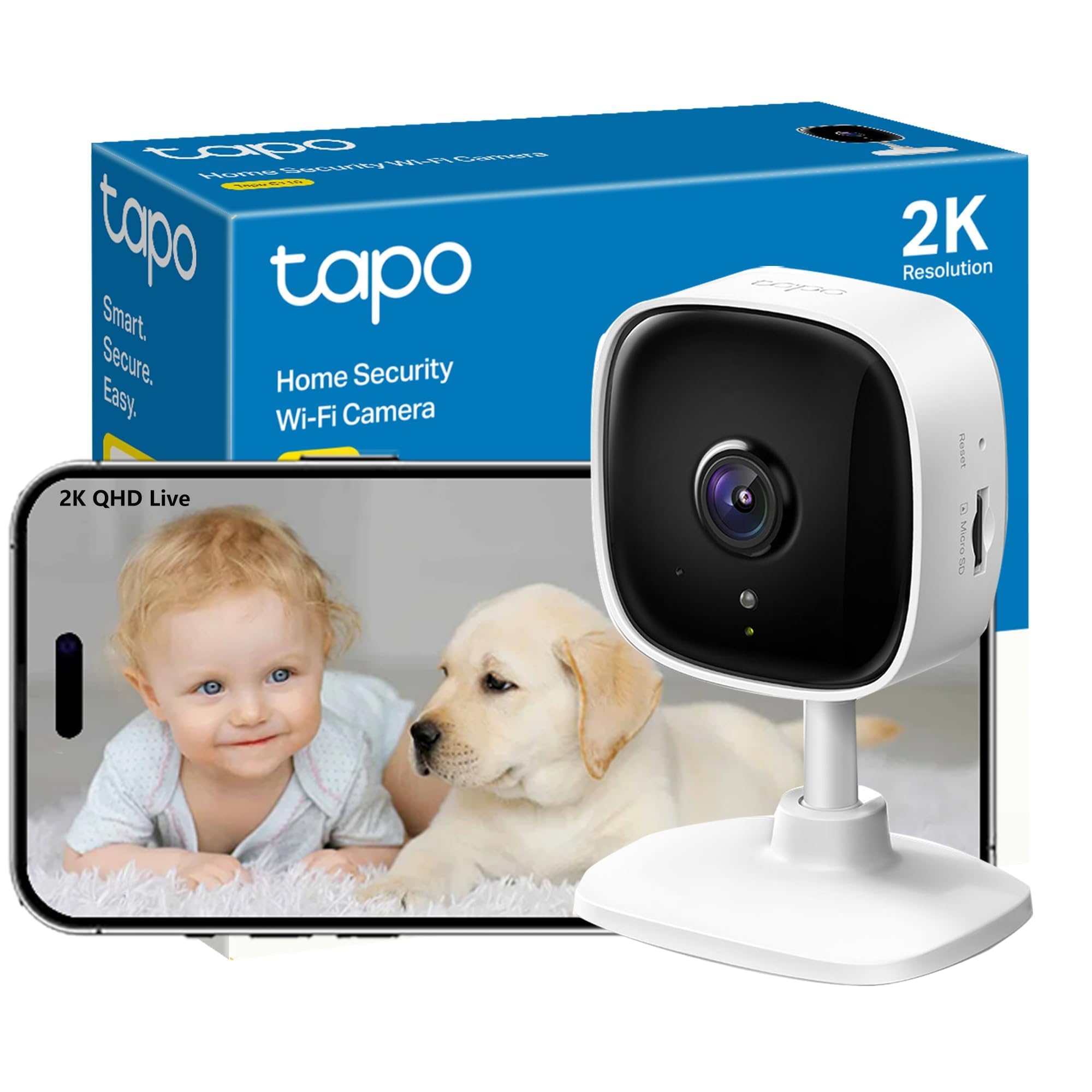 Tapo C110 2K 3MP Indoor Camera House Security Camera, WiFi Camera, No Monthly Fee, AI Detection, Dog Puppy Camera, Baby Camera Monitor, 2-way Talk, Advanced Night Vision, Works with Alexa & Google