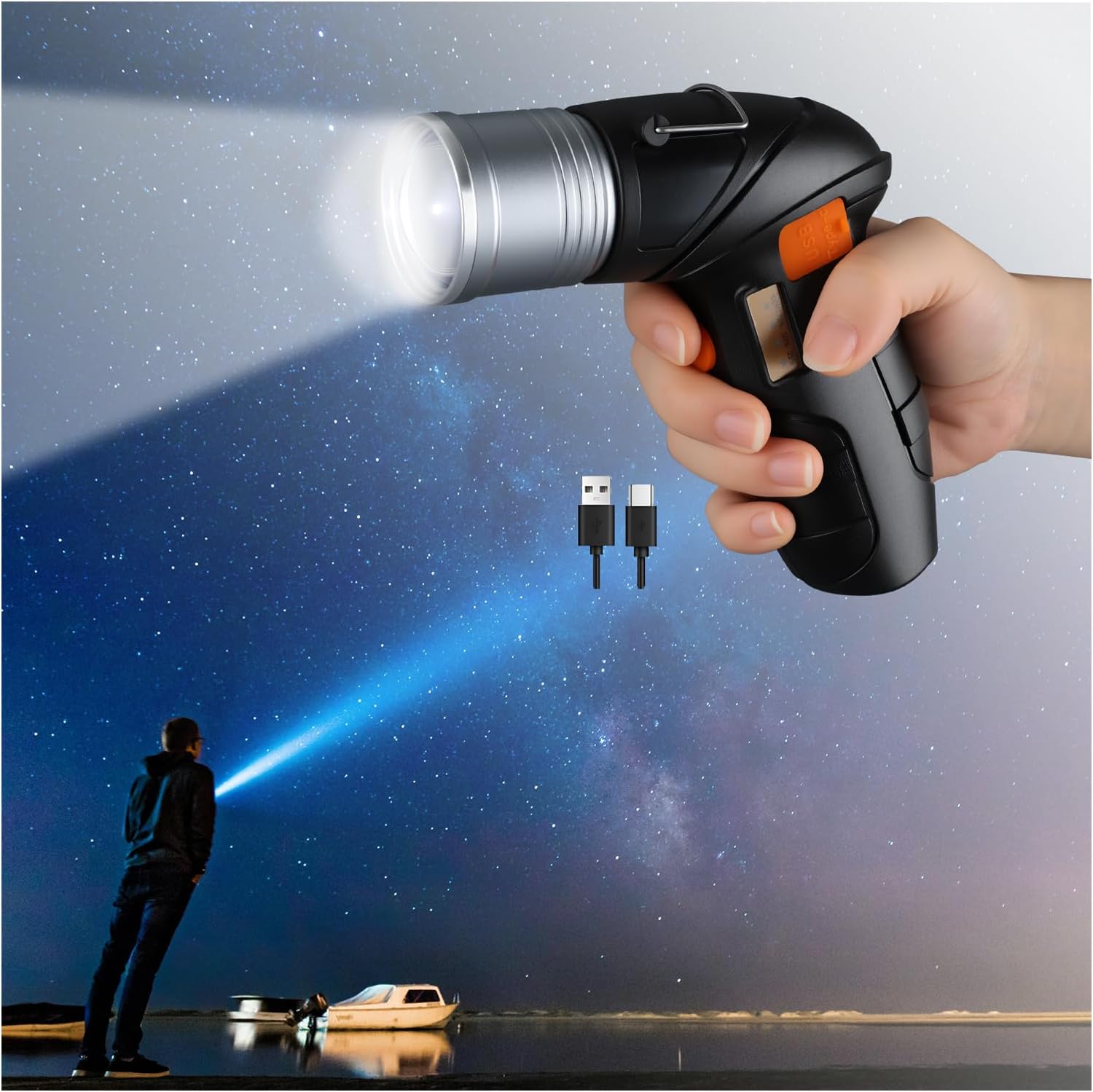 Horenom Multifunction Rechargeable LED Spotlight, 1000+ Lumen Flashlight, Portable Waterproof USB Torch with Foldable Stand, 3 Modes and Focus for Home, Emergencies, Camping, Hiking, Dog Walking
