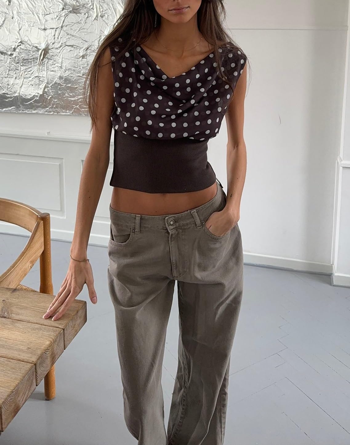 Y2k Polka Dot Tank Top for Women One Shoulder Sleeveless Halter Crop Top Backless Camisole with Scarf - Image 2