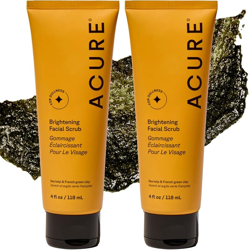 Acure Brightening Facial Scrub - Exfoliating Face Wash - 4 fl oz (2 Pack) | Gentle Daily Scrubber & Exfoliator for Women & Men for Radiant Skin, Cleansing Wash with Sea Kelp & French Green Clay