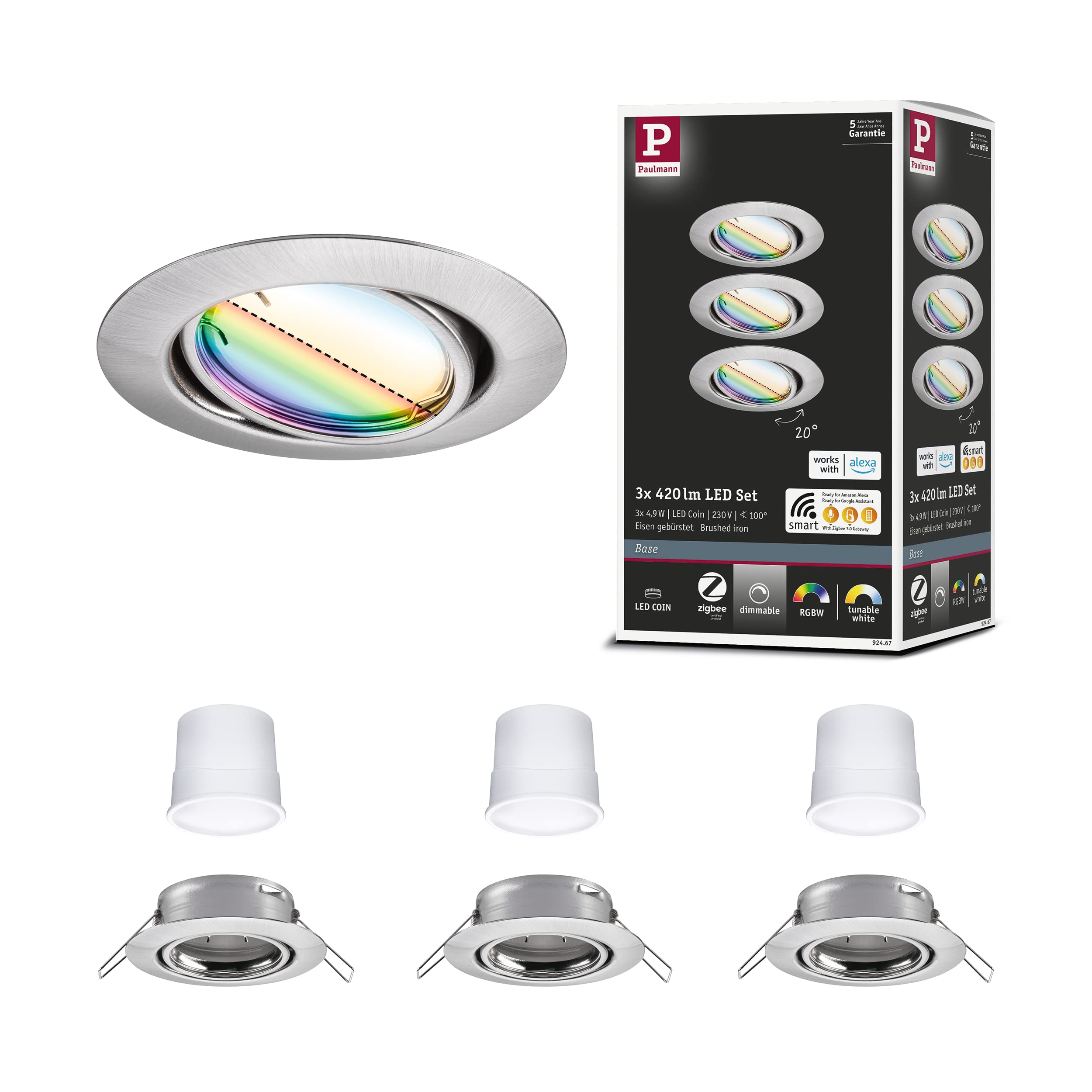 Paulmann Brushed Steel 92467 Smart Home Led Recessed Spotlight Zigbee Base Kit Adjustable Round 230V 3X4.9w 3X420lm Dimmable 90Mm Metal Rgbw, 14.7 W