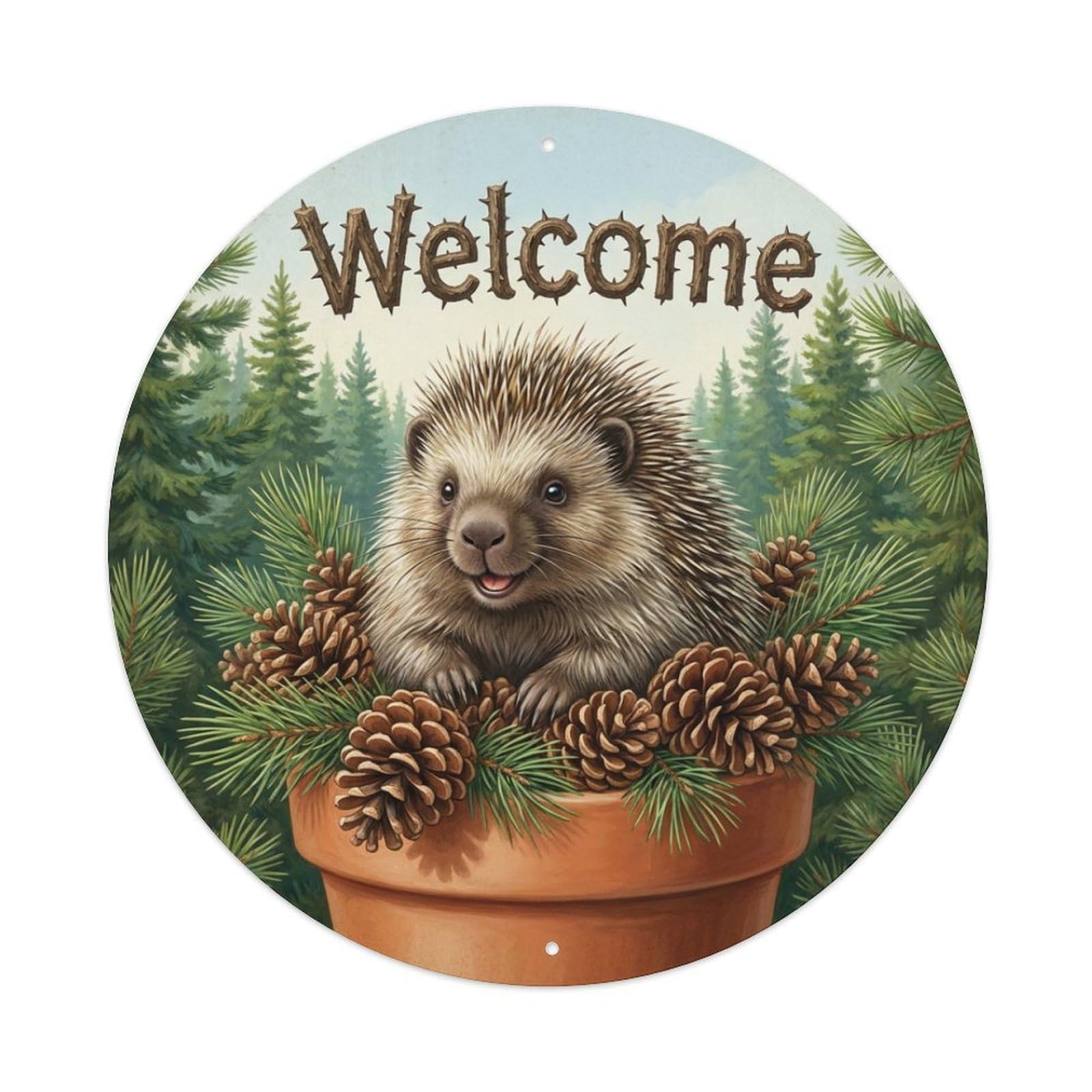 Welcome Porcupine Pine Cone Metal Tin Sign