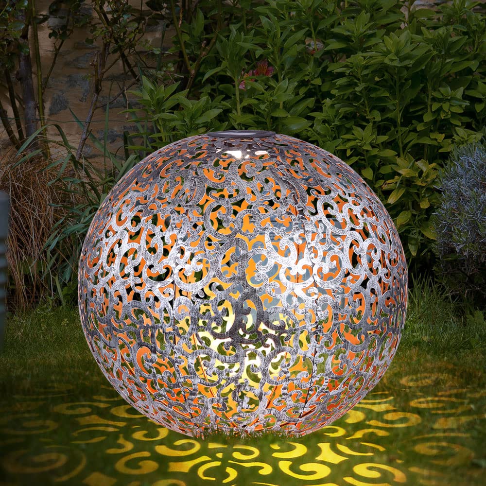 Solarleuchte Windlicht Solar Garten Kugel orientalsichLED Steckleuchte IP44, Erdspitz, Metall Muster antik silbergrau, 1x LED 3000K, DxH 40x50 cm