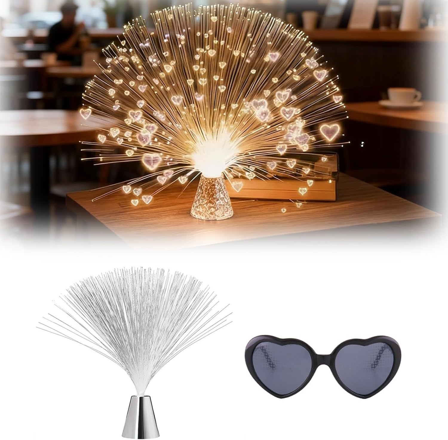 Where Dreams Sparkle Fiber Optic Lamp, Color Changing Fiber Optic Lights with Heart-Shaped Light Effect Glasses, Romantic Heart Mood Lighting for Home Decor (Silver base)