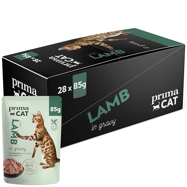 PrimaCat - Alimento clásico húmedo para Gatos, Cordero en Salsa, Paquete de 28 Unidades de 85 g