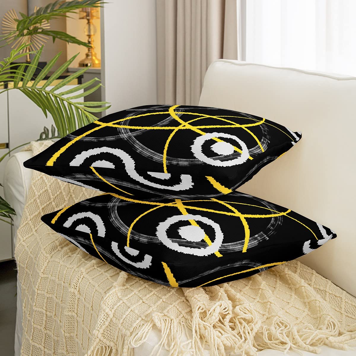 Paquete de 4 fundas de almohada decorativas geométricas, suaves, modernas, abstractas, cuadradas, para sofá, dormitorio, amarillo, gris, negro, rayas, fundas de almohada de 20 x 20 pulgadas
