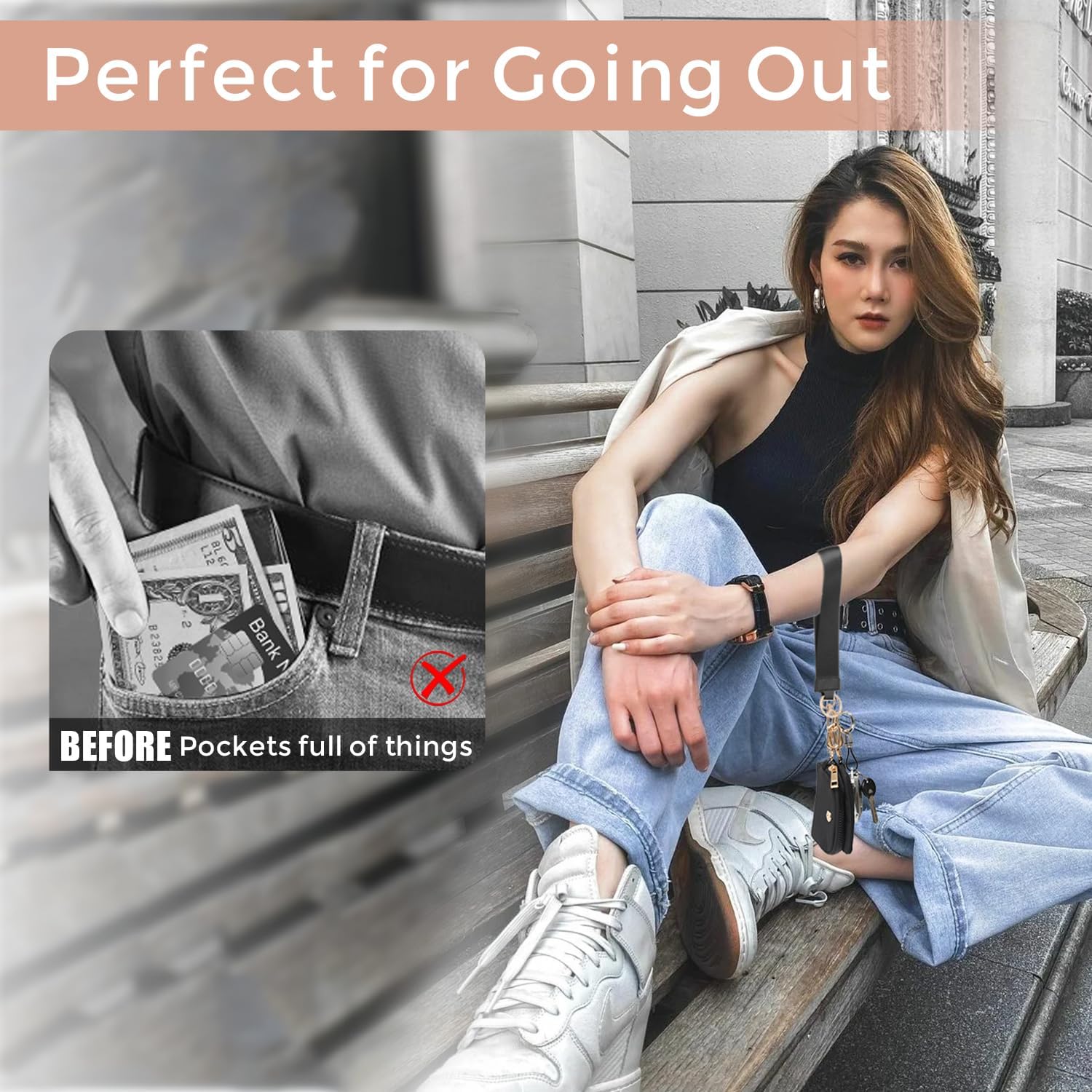 Dual Pouch Wristlet Keychain Wallets for Women with 2 Detachable Zipper Coin Purse - Small and Portable Mini Card Wallet for Women Men Gold Hardware Black+Black - Image 6