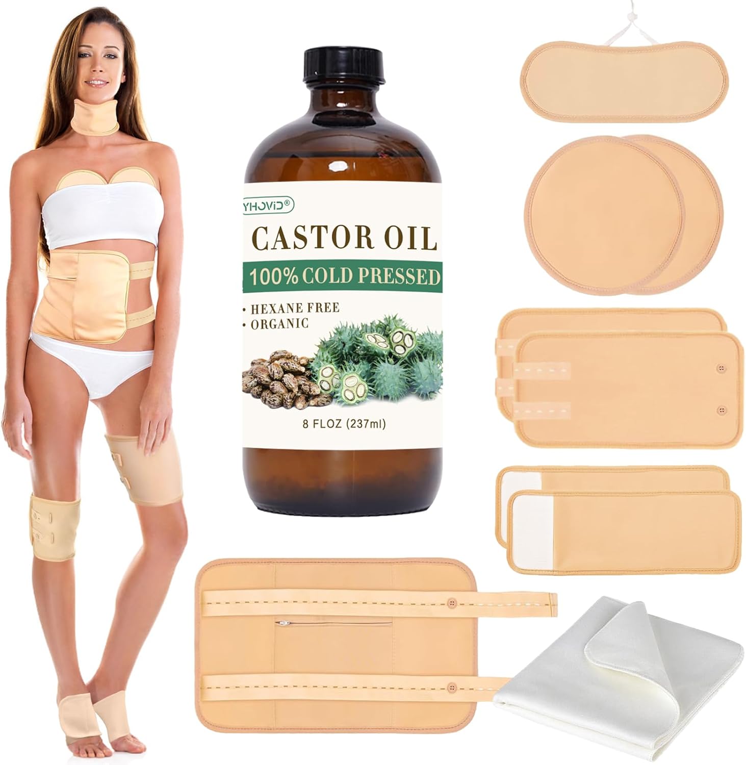 10 Pcs Organic Cotton Castor Oil Pack Wrap - Reusable Castor Oil Packs for Stomach, Neck, Knee, Foot, Women & Entire Body
