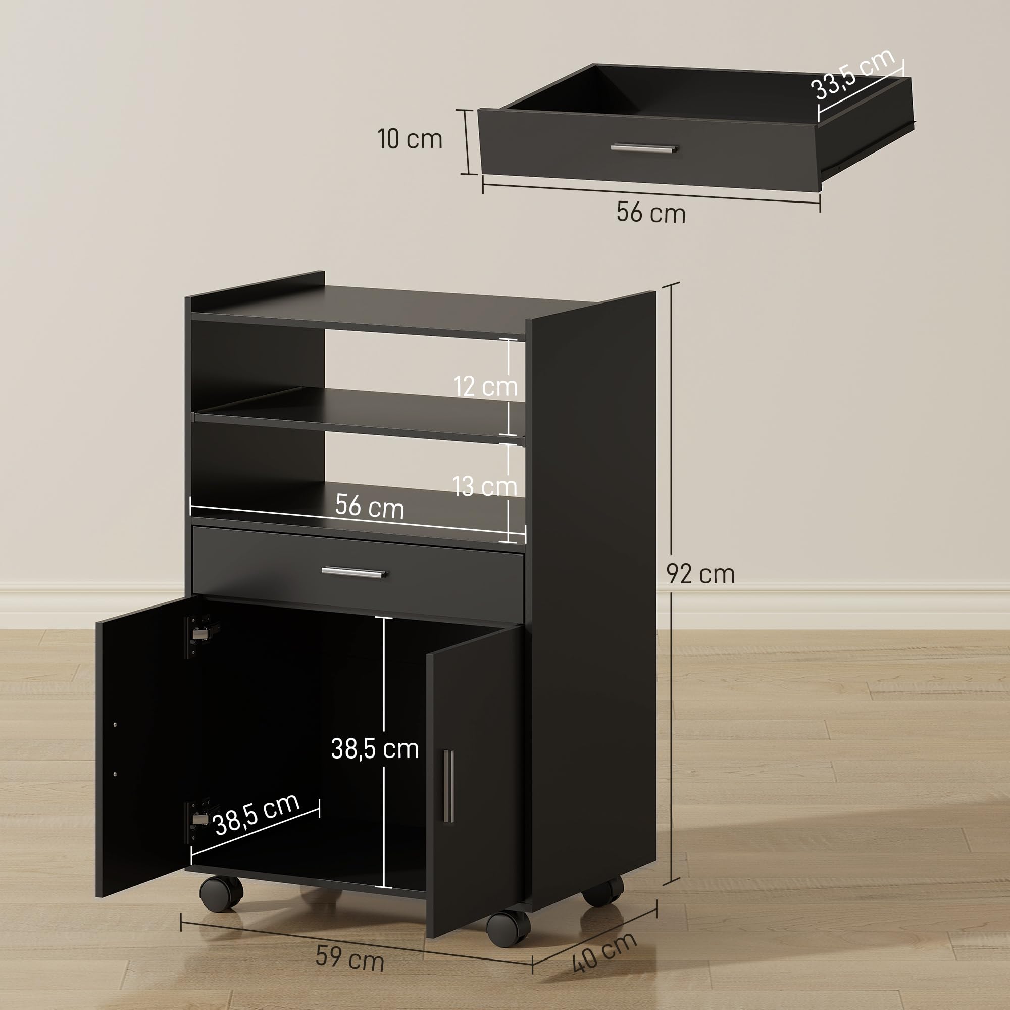 HOMCOM Chariot de Cuisine sur roulettes, 59 x 40 x 92 cm Noir | Desserte Micro-Onde avec Plan de Travail, Étagères Ouvertes, Tiroir, Placard, Meuble de Rangement pour Micro-Ondes