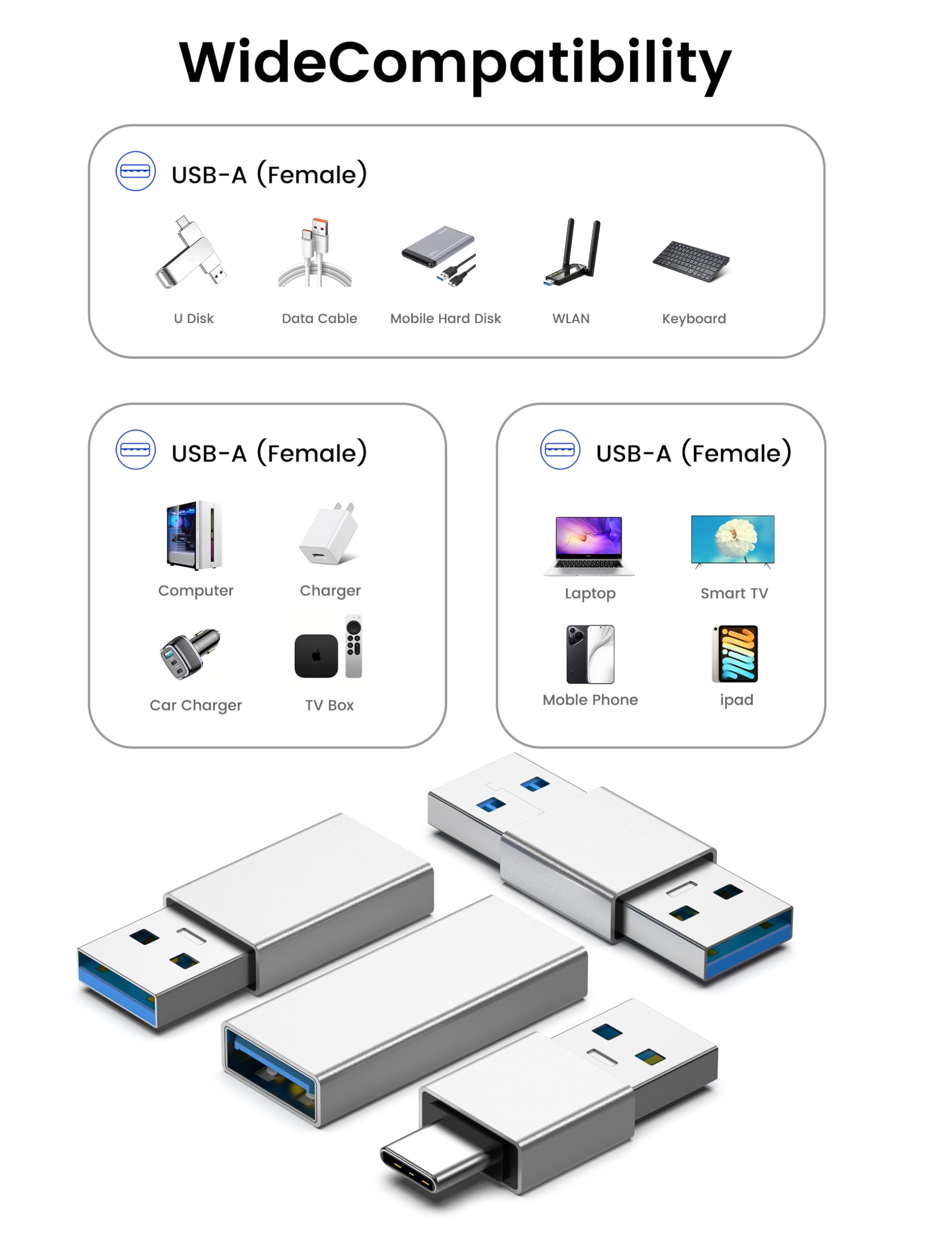 4 rodzaje zestawów apterów USB 3.0, USB 3.0 męski i żeński na męski i żeński na żeński, konwertowanie złącza przedłużającego o dużej prędkości, srebrny