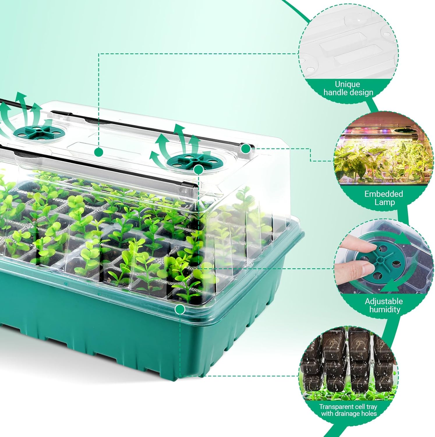 96 Cell Seed Starter Tray with Grow Light, Seed Starting Trays with Adjustable Humidity Dome, Seed Starter Kit Plant Starter Kit for Seeds Growing Starting, Indoor Gardening (Self-Watering)