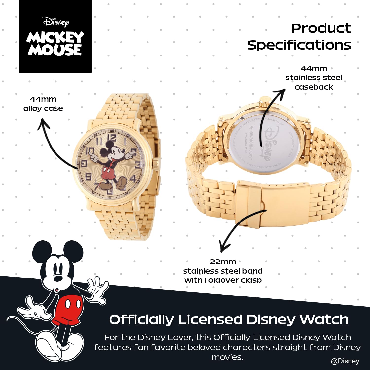 Disney Mickey Mouse W002413 Mickey Mouse Reloj analógico de Cuarzo Dorado, para Hombre, Dorado, Pulsera