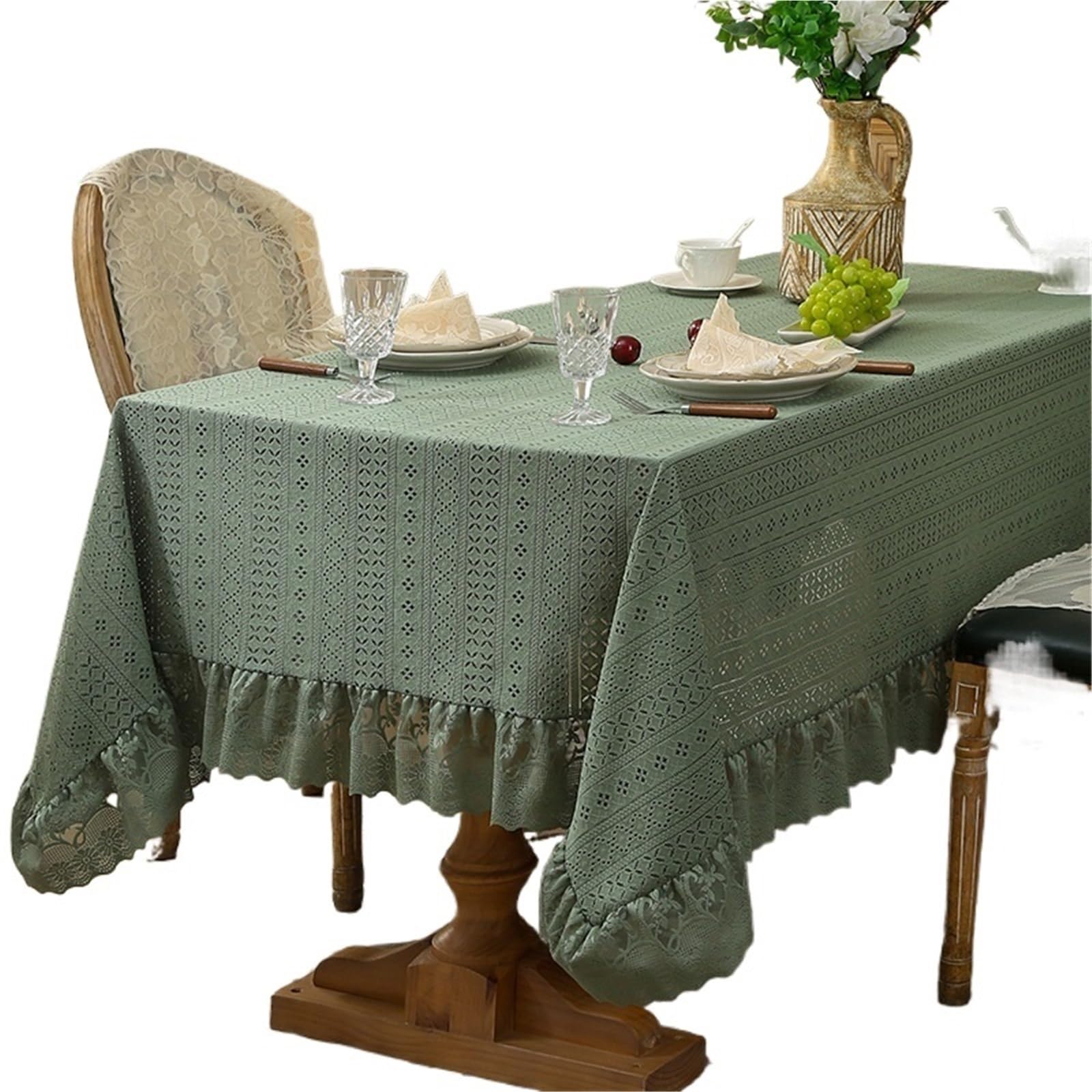 HYFEUOKF Lace Tablecloth Elegant Rectangle Dustproof Cover For Wedding Birthday Party Table Decoration(Green,140x100cm)