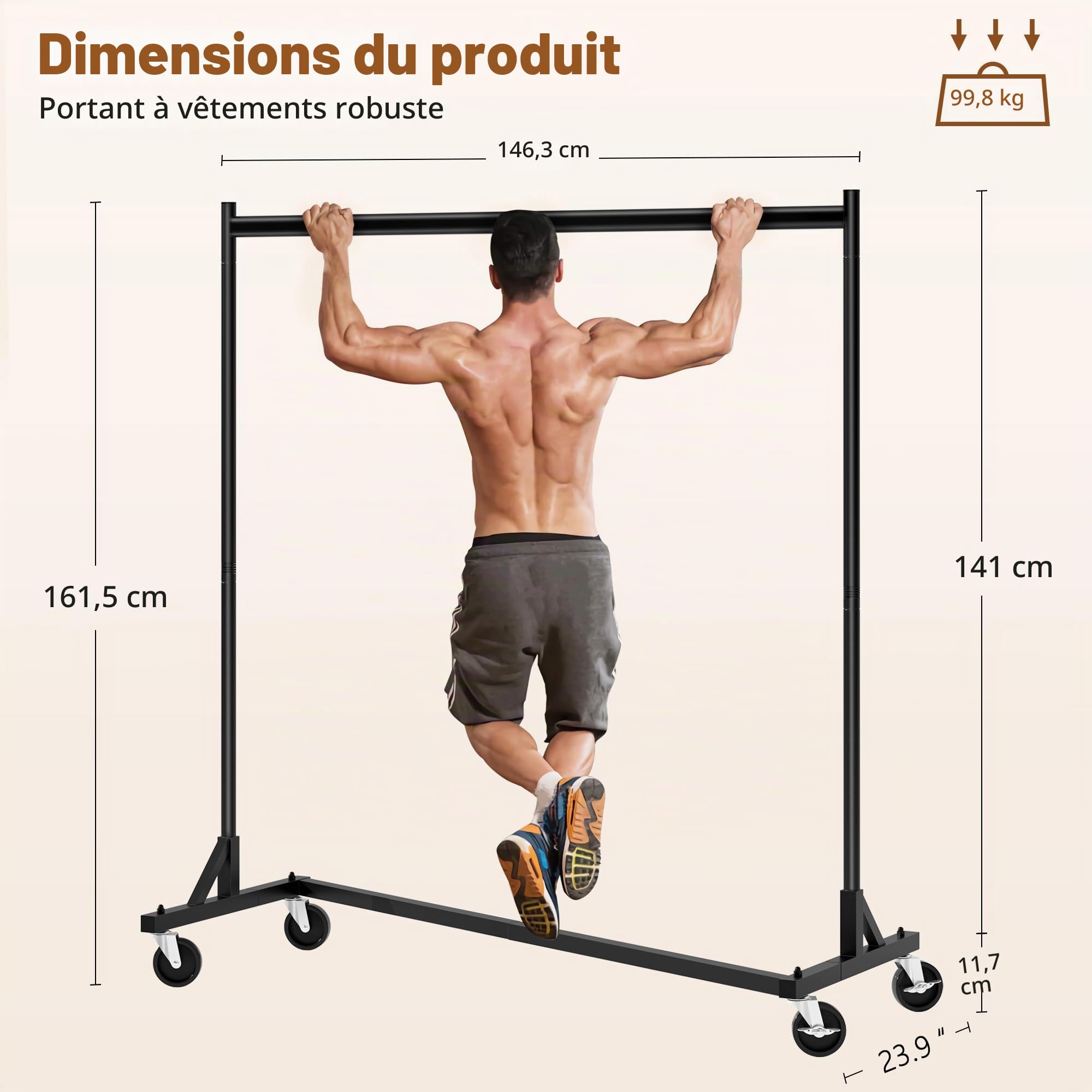 Hoctieon portant vetement robuste sur roulettes, tringles à vêtements stables en métal, portemanteau pour chambre à coucher, étendoir à linge pour manteaux,charge 110lbs, L146x61x162cm, noir