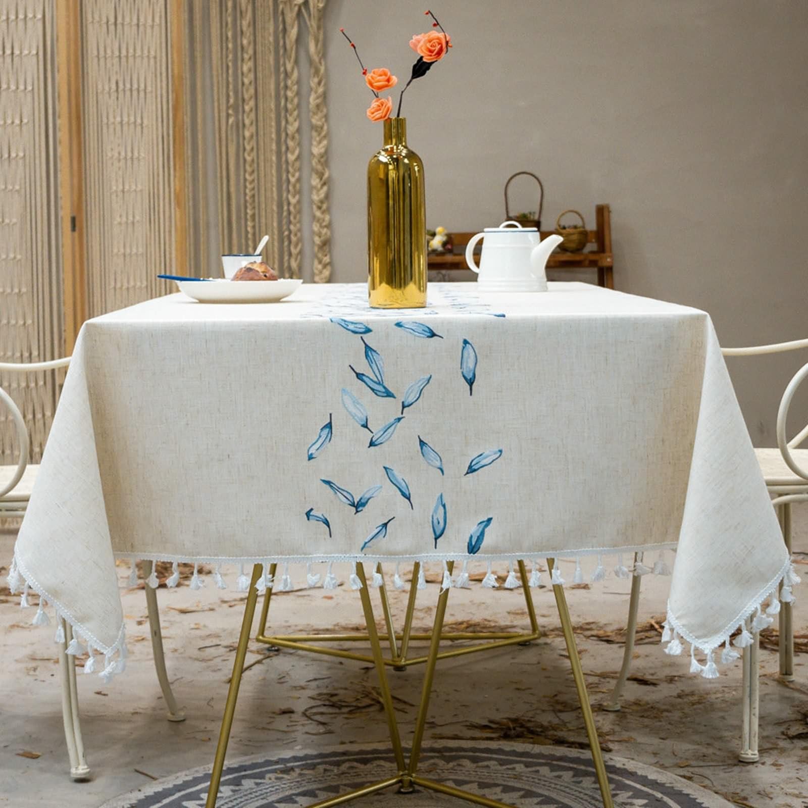 Tovaglie Antimacchia, Tovaglie 140 x 140 cm Modello di foglie ricamate in Cotone Lino Copritavolo per Tavolo da Pranzo, Cucina, Festa CompleannoBlu