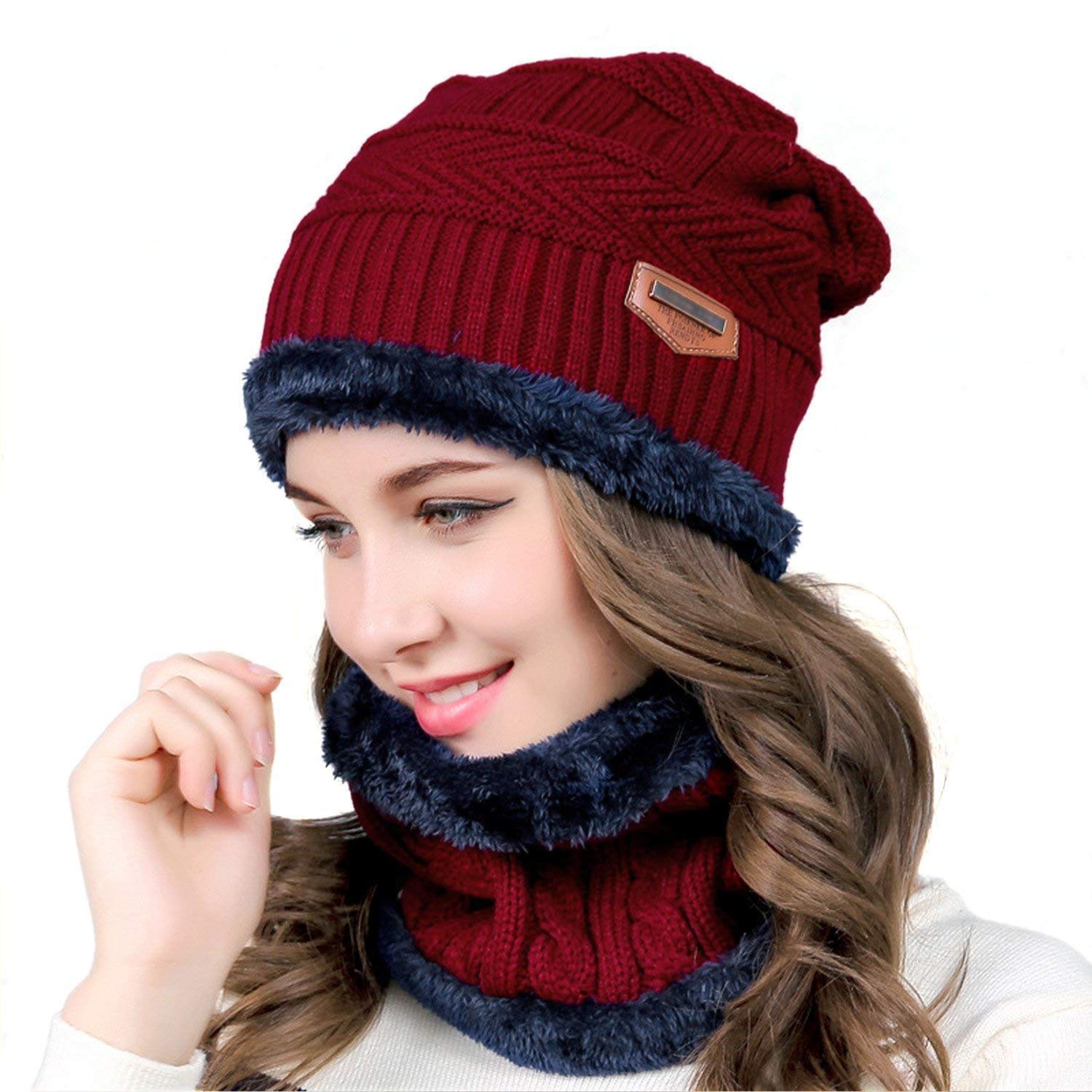 YULOONG Beanie Hat and Scarf Set Winter Wool Knitted Skull Hat Neck Warmers Unisex Red
