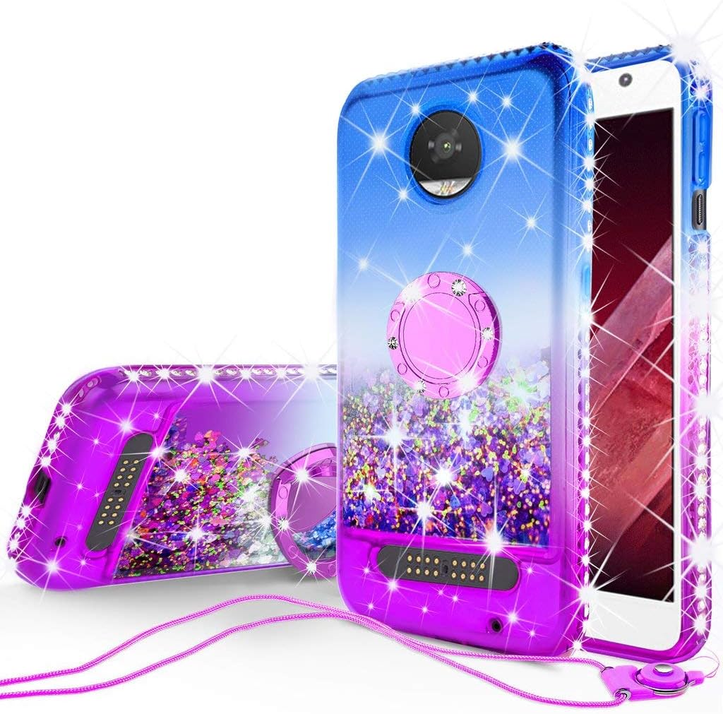 Galaxy Wireless Moto Z2 Force/Moto Z2 Play Case, Liquid Glitter Ring Kickstand Phone Case Shock Proof Quicksand Bling Cute Protective Girls Women Cover Cases Motorola Z2 Play/Z2 Force - Purple/Blue