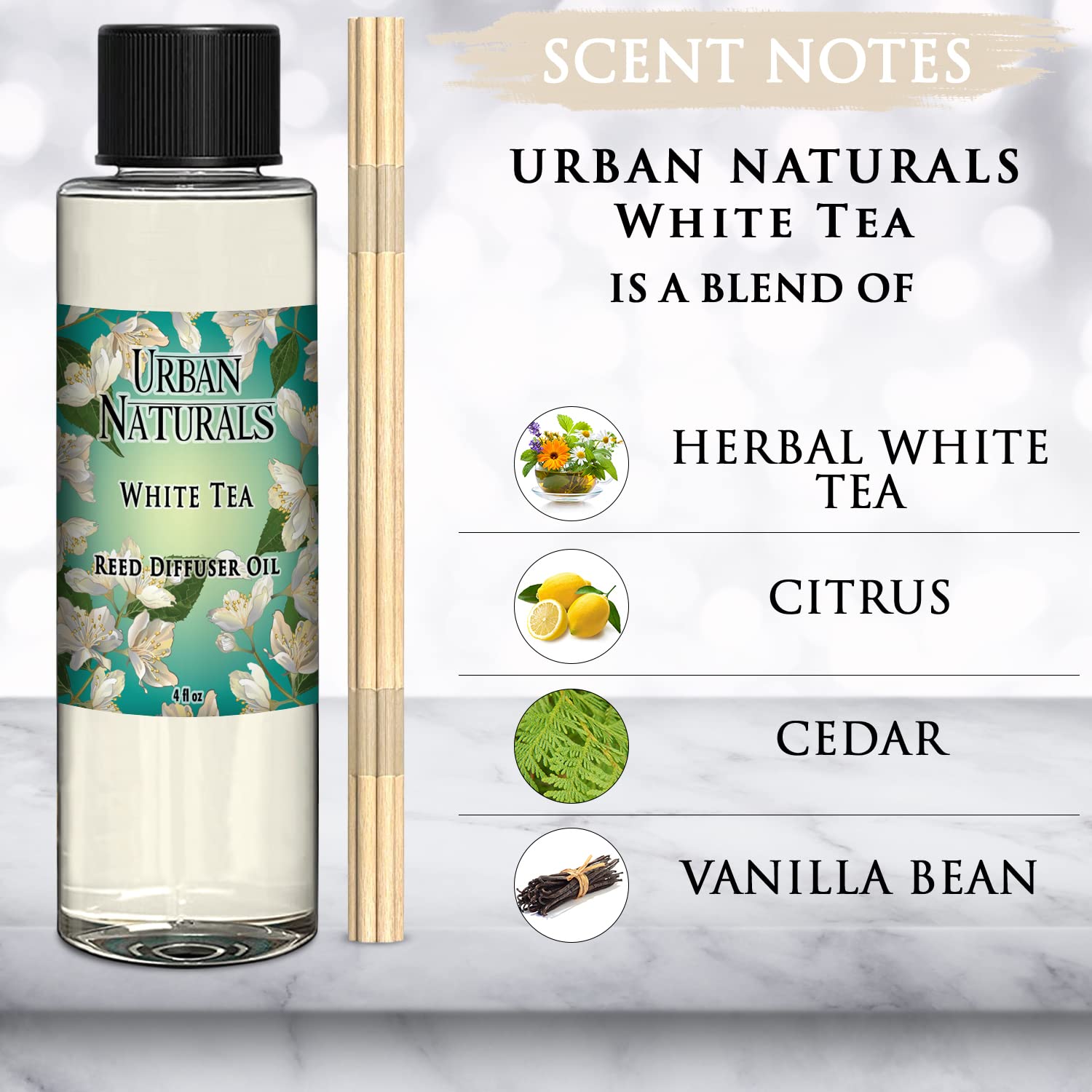 Urban Naturals White Tea Scented Oil Reed Diffuser Refill | Includes a Free Set of Reed Sticks! 4 oz.