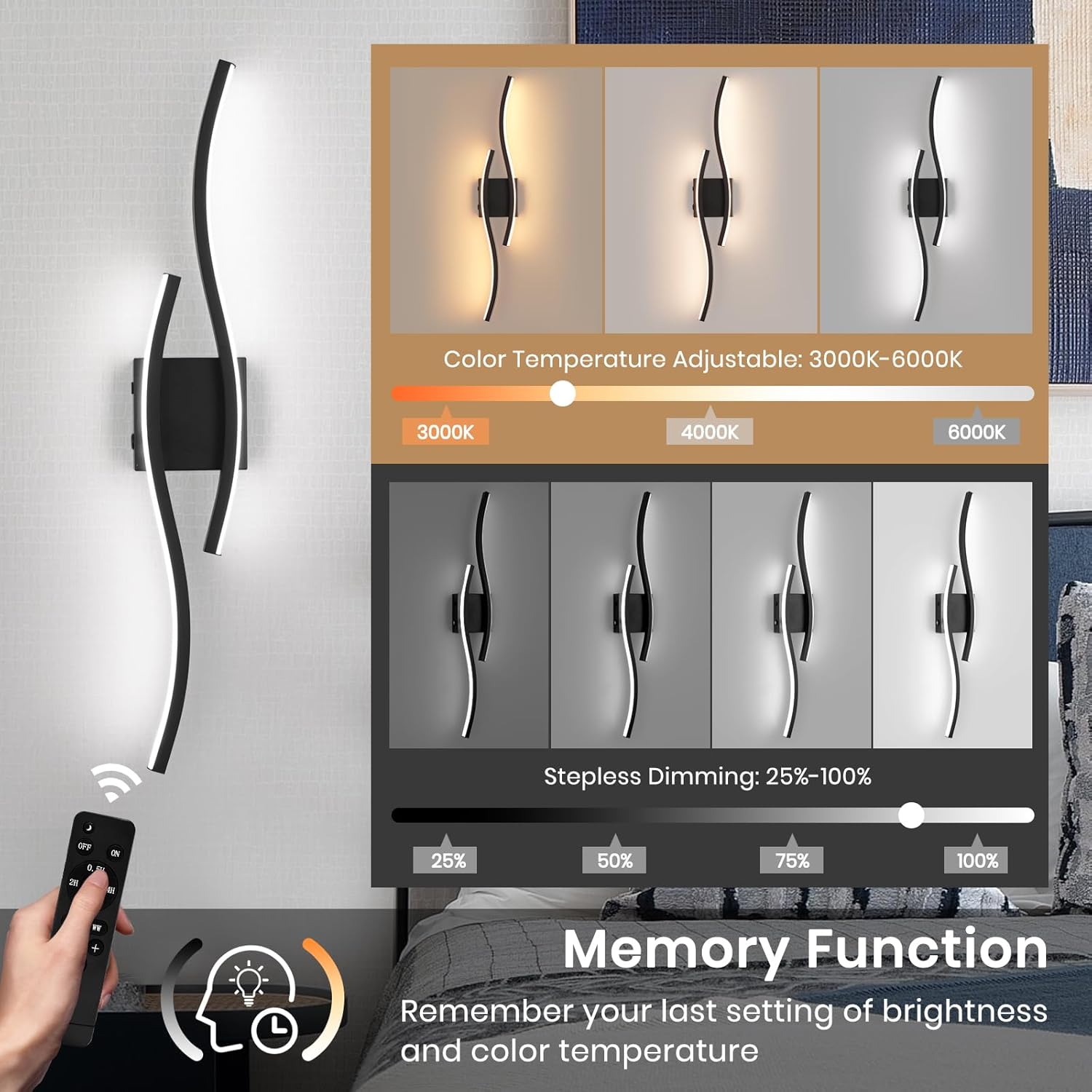 modern led wall sconce set of two, battery powered wall sconces set of 2 with timer, black wall light with remote, led wall lamp indoor not hardwired for bathroom living room bedroom corridor black-31.5 inch battery operated