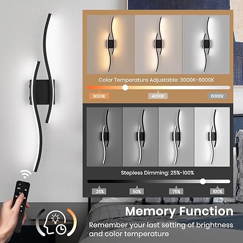 Miniatura 2 de Juego de dos apliques de pared LED modernos, juego de 2 apliques de pared con batería y temporizador, lámpara de pared negra con control remoto,