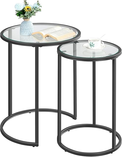 Yaheetech Round Nesting Table, Set of 2 Coffee Table with Glass Top, End Side Table with Metal Frame for Living Room/Bedroom/Reception, Black, 49.5 x 49.5 x 59 cm