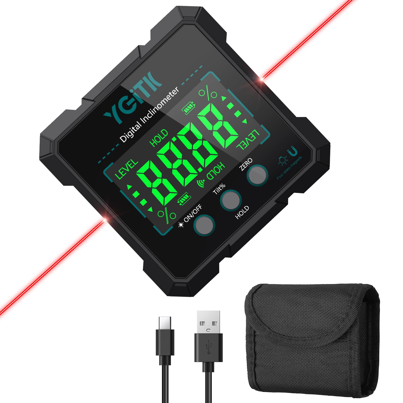 Inclinómetro Digital 4x90°Buscador de Ángulo, Caja Biseladora, Impermeable IP54 con Pantalla LCD, Interfaz Tipo-C 340 mAh Recargable para Carpintería, Construcción, Decoración, Bricolaje