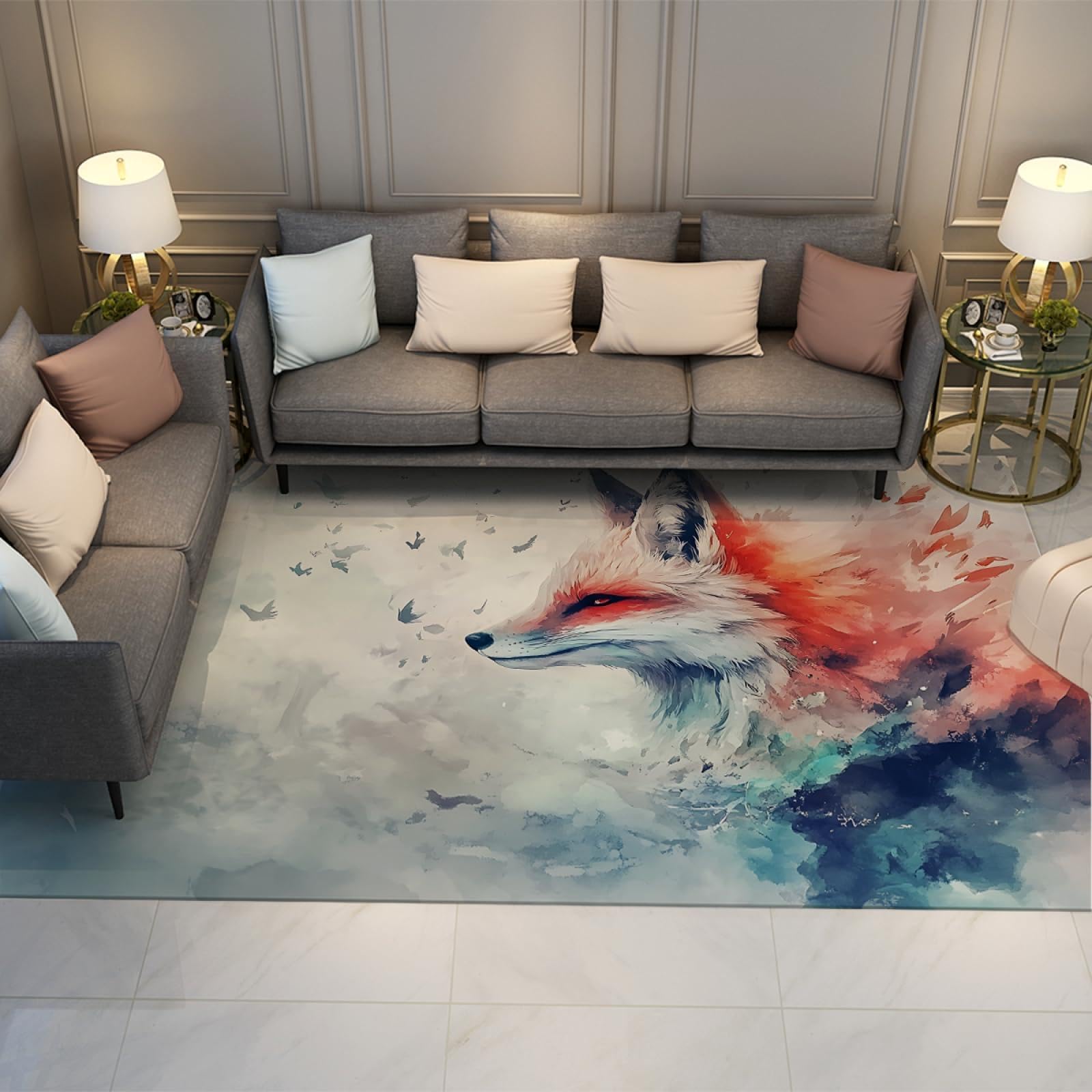 Tapis salon lavable moquette chambre antidérapant renard 3D