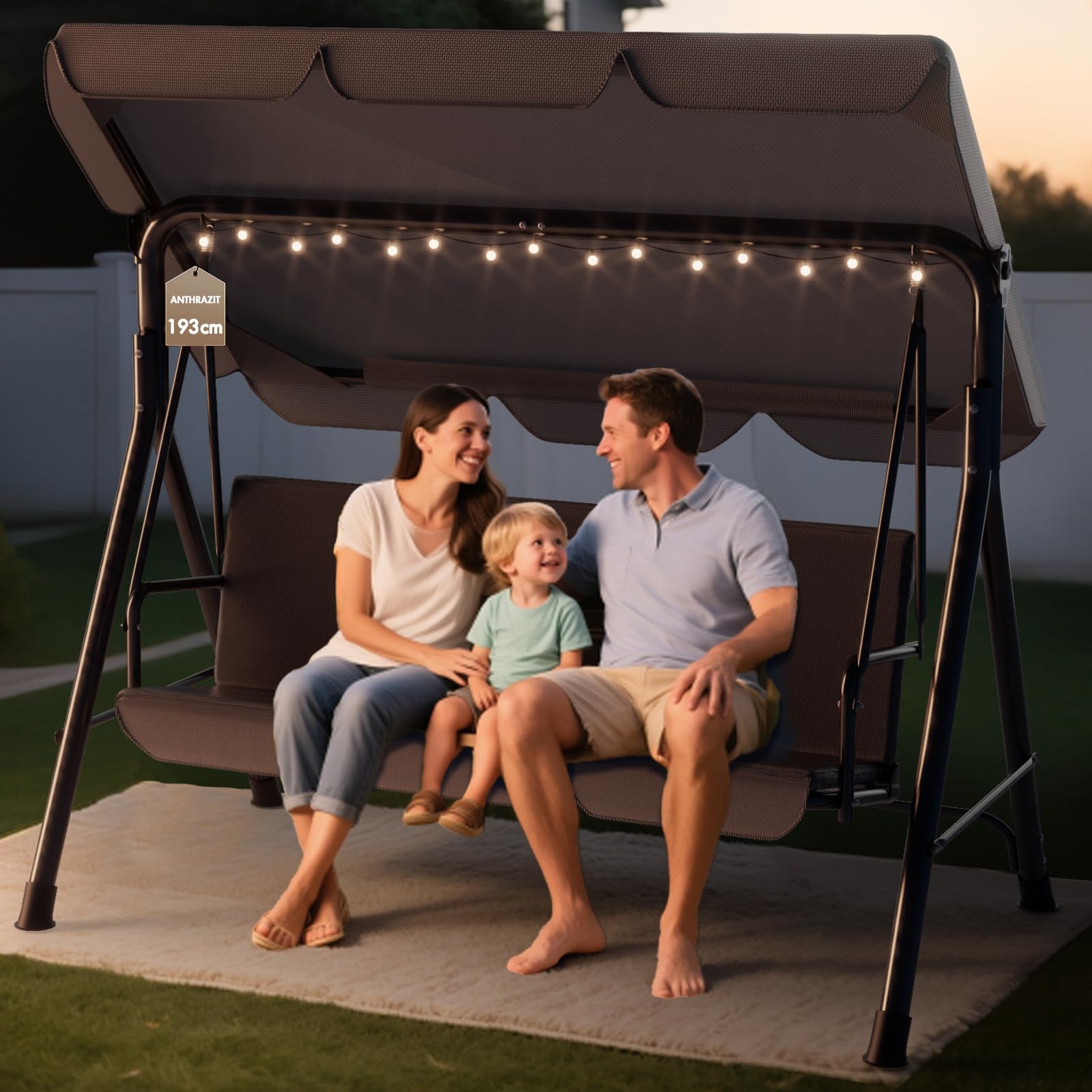 Soontrans 3-Sitzer Hollywoodschaukel, Familienzeit mit Leichtigkeit, Gartenschaukel mit Sonnendach & Gestell & Gepolsterte Sitzauflage, Belastbar bis 200 kg, aus Stahl (193 x 110 x 152 cm, Anthrazit)