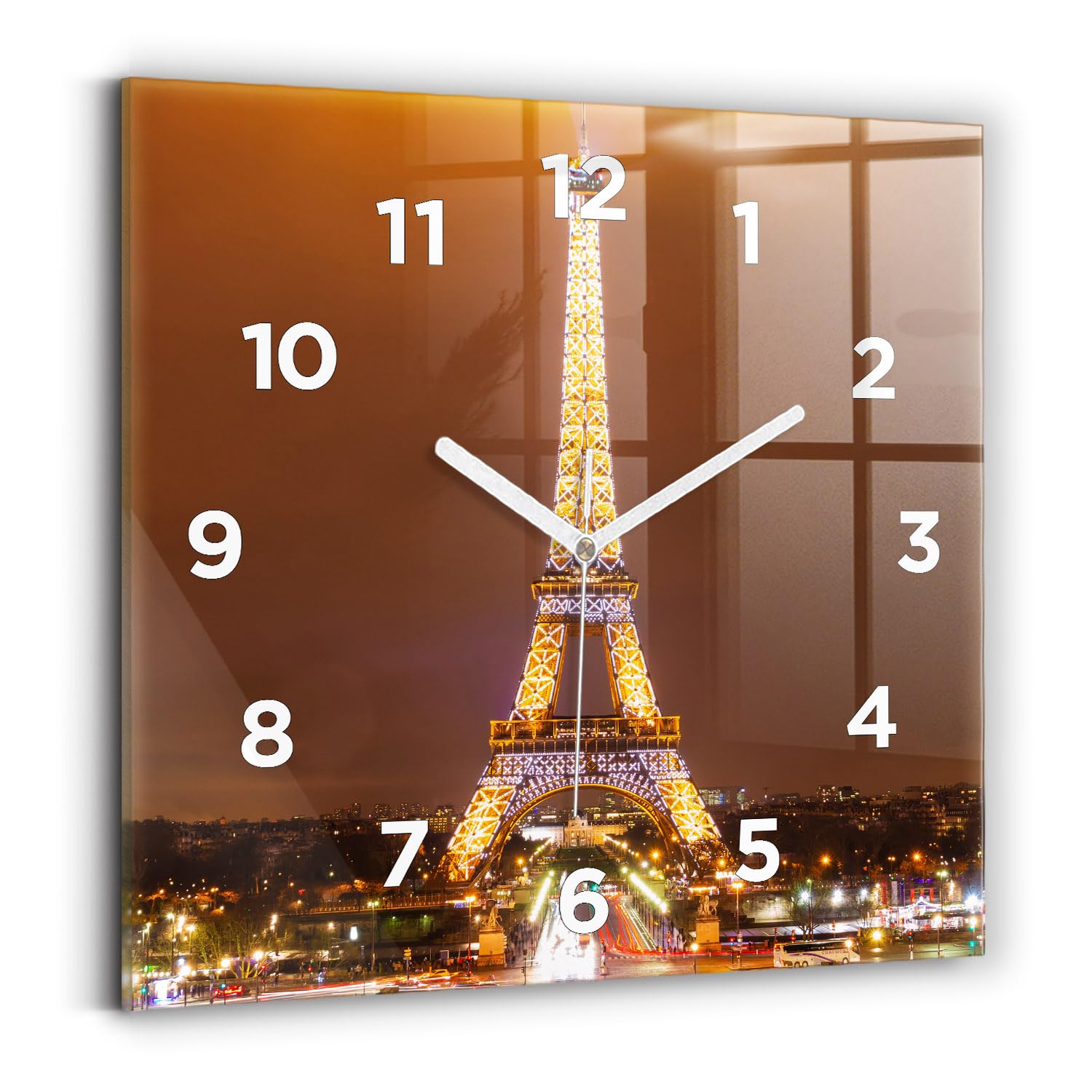 Horloge carrée Wallfluent 30x30 cm à mécanisme silencieux et aiguilles blanches motif Tour d'Eiffel