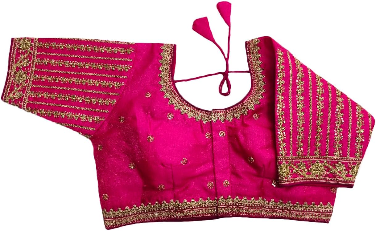 Pujia Mills Women's Readymade Blouse Embroidery Multi Coding Gold Thread Indian Ethnic Designer Stitched Readymade Saree Half Sleeve Blouse for Women for Saree Lehenga Choli