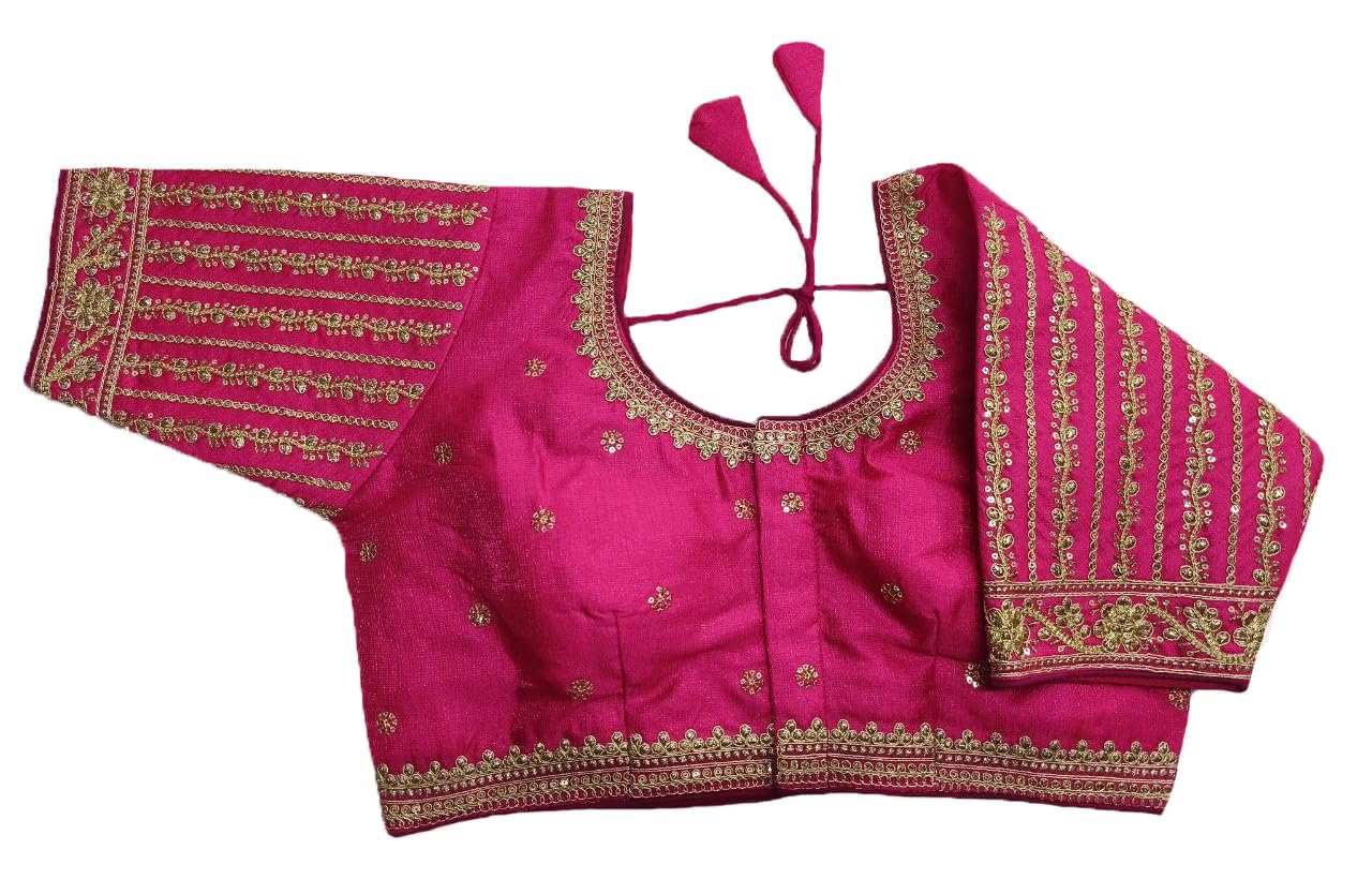 Pujia Mills Women's Readymade Blouse Embroidery Multi Coding Gold Thread Indian Ethnic Designer Stitched Readymade Saree Half Sleeve Blouse for Women for Saree Lehenga Choli