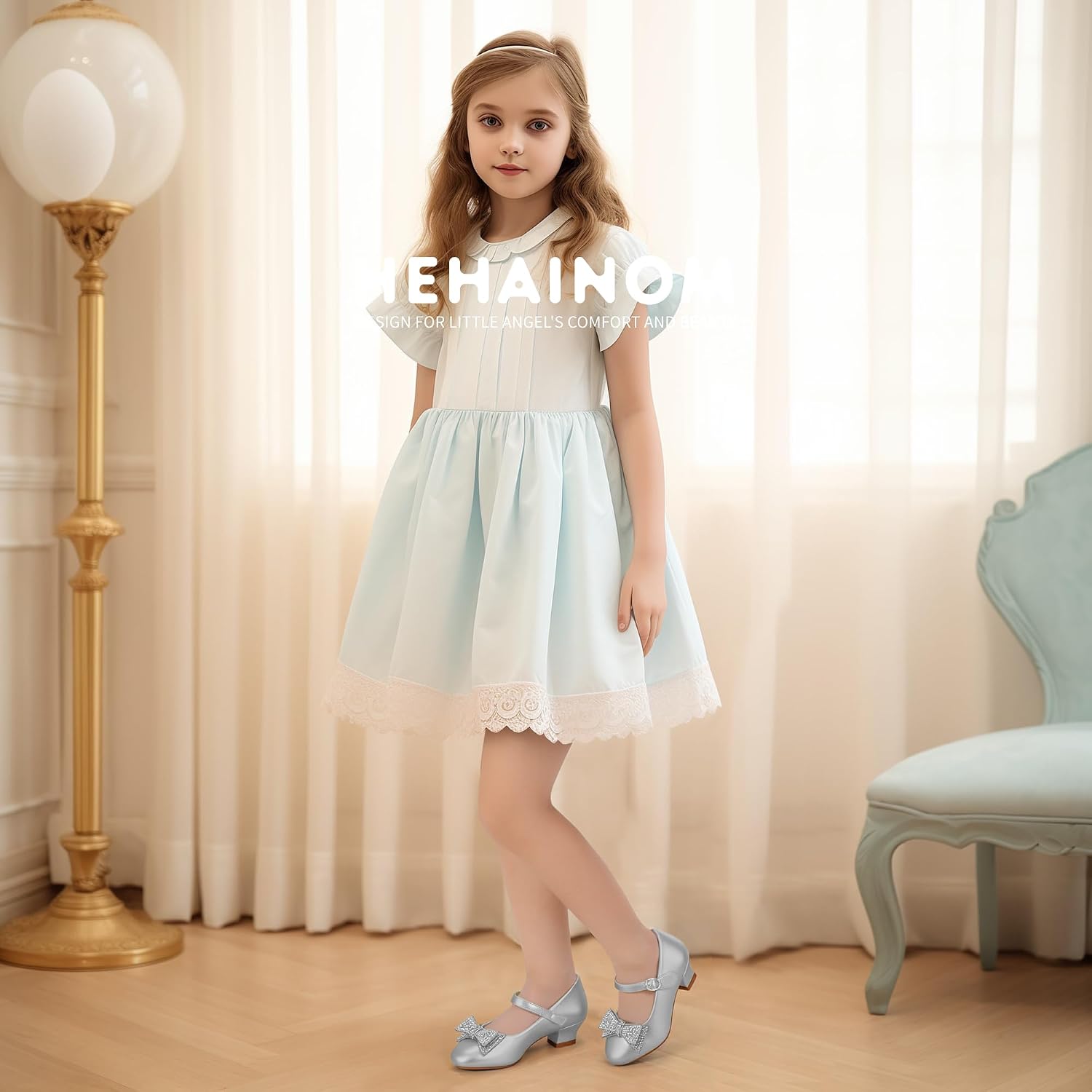 Hehainom Girls Heels Dress Shoes Rhinestone Bows Toddler Kids Pumps Shoes