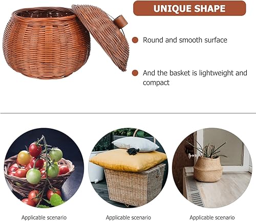 Miniatura 2 de Cabilock Cesta de mimbre para calabaza con tapa, organizador de almacenamiento de ratán redondo pequeño para el hogar, cocina, soporte para huevos