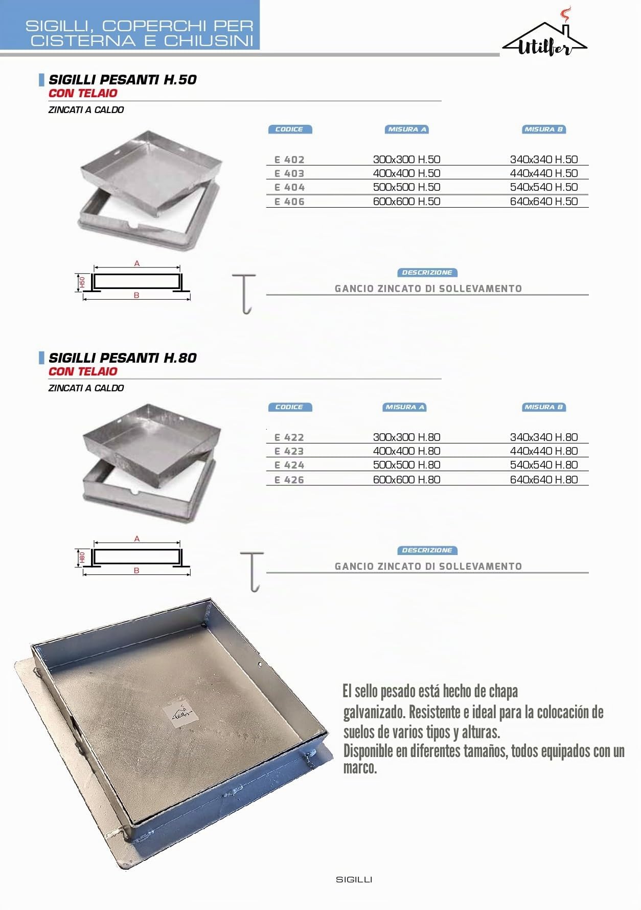 Tapa galvanizada empotrable 60 x 60 x 8 cm para suelo