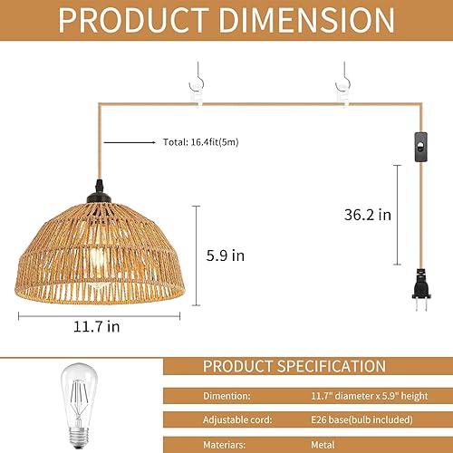 Miniatura 3 de Worderdeng - Lámpara colgante de ratán enchufable, luces colgantes de 14.7 pies con estilo bohemio, lámpara colgante con pantalla de cuerda de