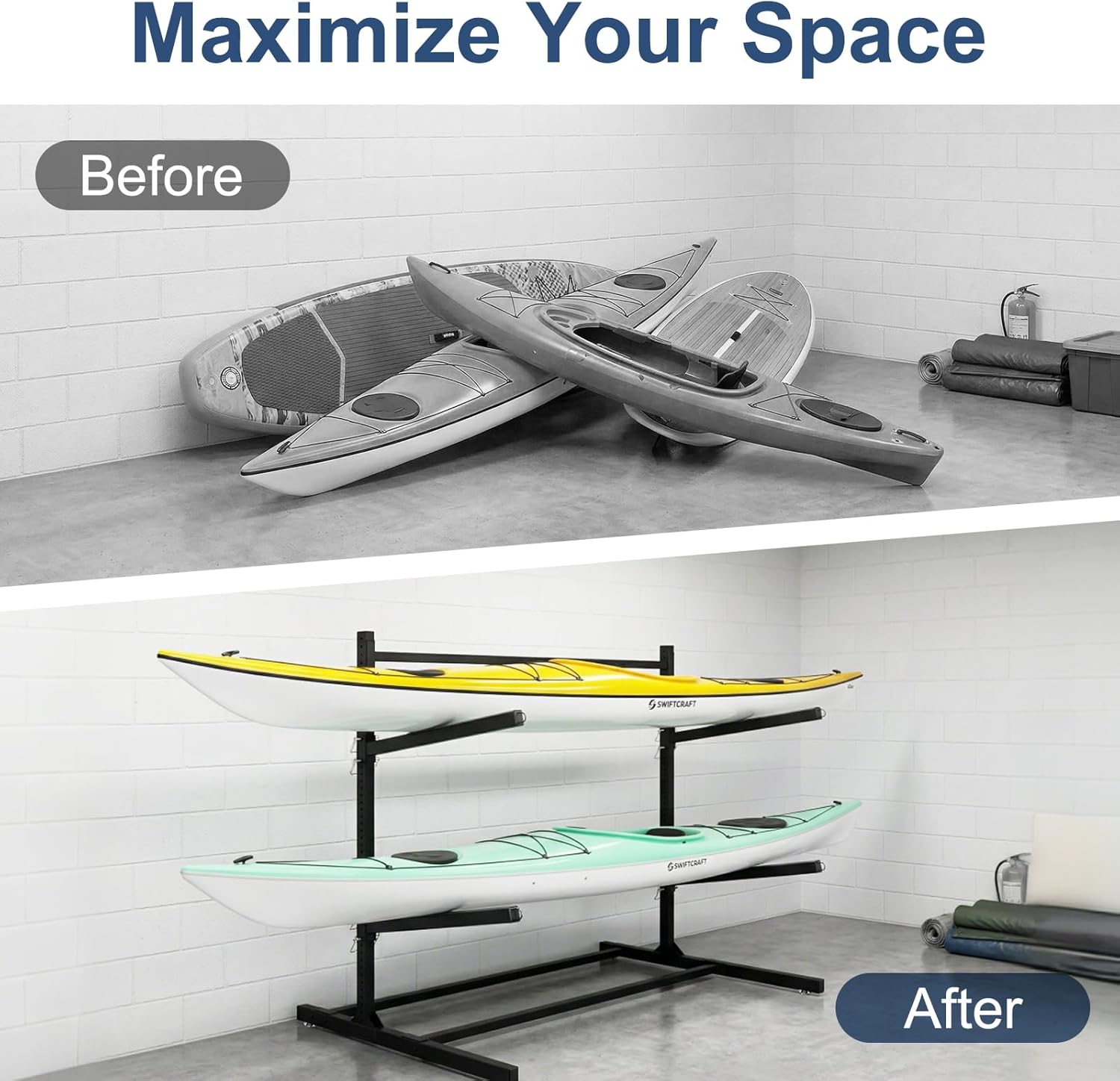 Freestanding Kayak Storage Rack, 2-Tier Heavy Duty Kayak Rack 200lbs Capacity, Kayak Holder for Garage Dock Shed, Indoor Outdoor Storage, Adjustable Kayak Stand for Kayak, SUP, Canoe, Paddle Board