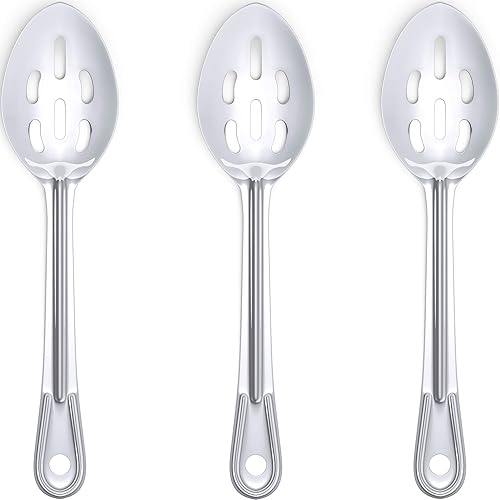 Miniatura 10 de Cuchara de servir súper fuerte y ergonómica de 11 pulgadas, paquete de 6 (2 de cada estilo). Cucharas grandes de acero inoxidable para cocinar,