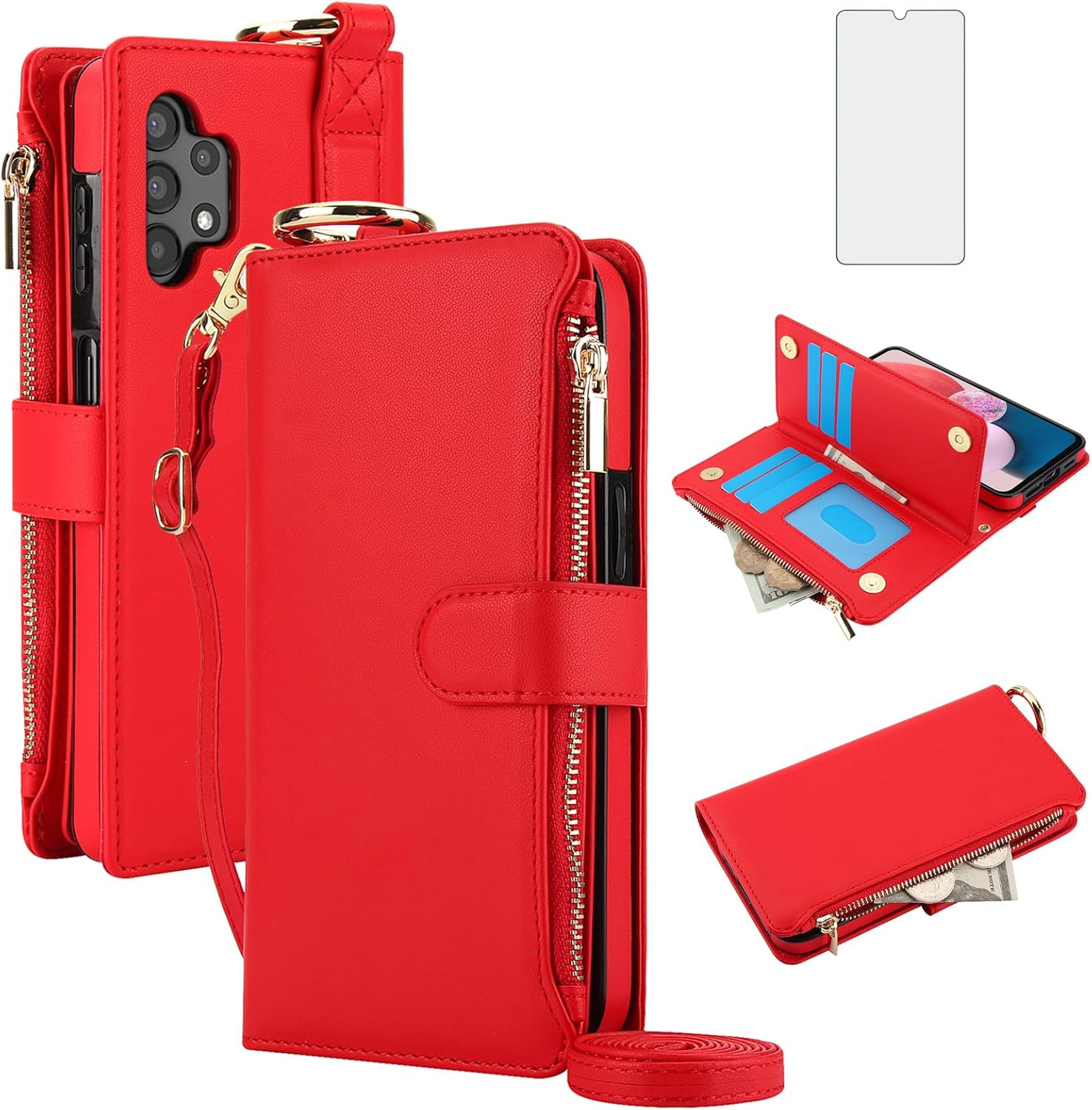 Asuwish Phone Case for Samsung Galaxy A13 5G Zipper Wallet with Tempered Glass Screen Protector Crossbody Strap Card Holder Cell Cover A04S M13 G5 A 13 2022 13A A135G SM A136U Women Girls Red