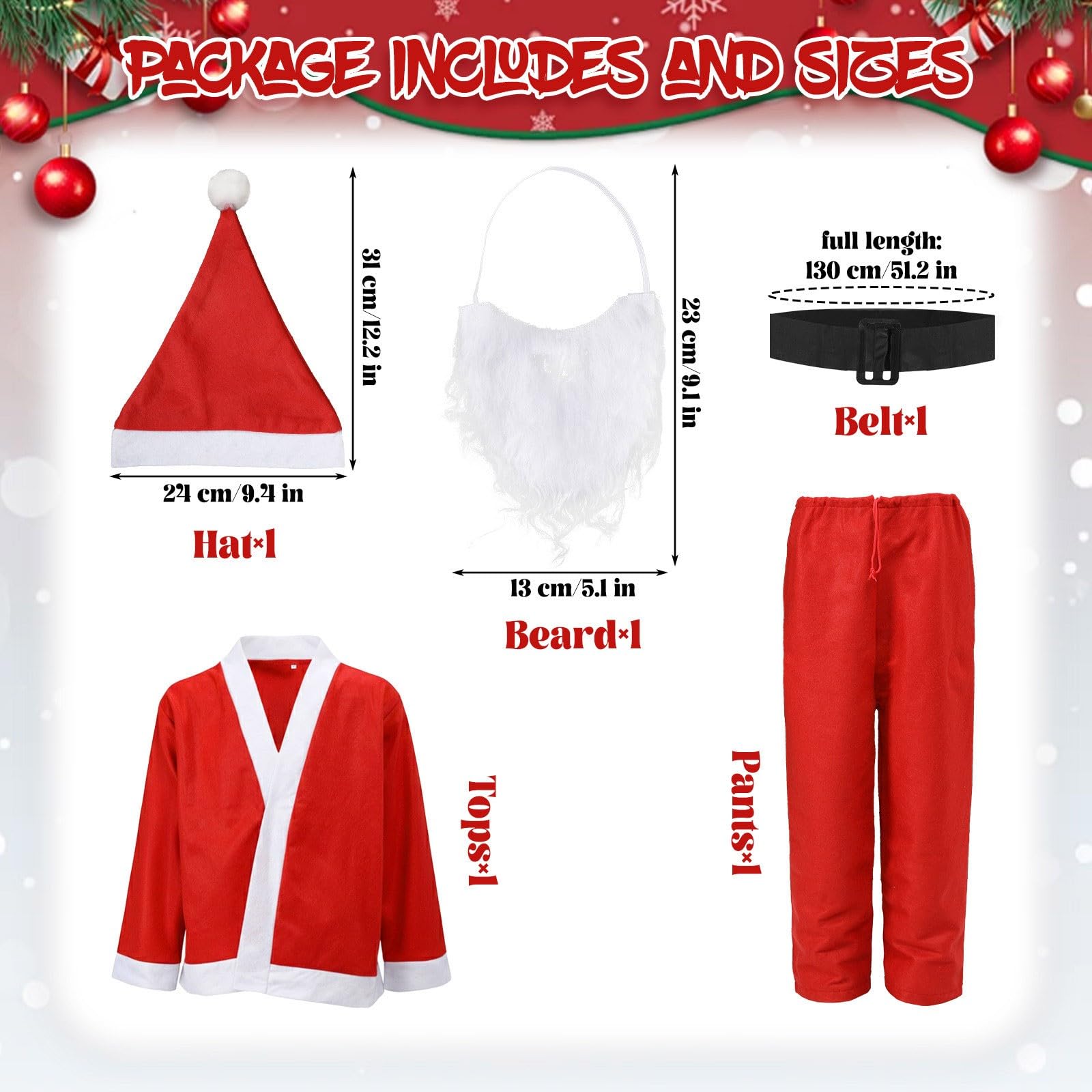Generisch Costume da Babbo Natale per bambini con cappello, barba e cintura