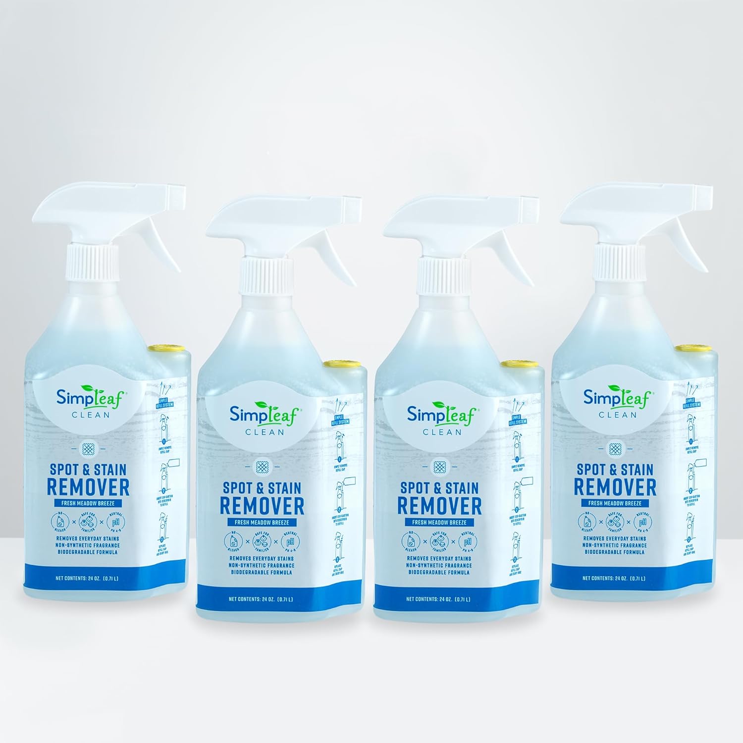 Simpleaf Clean Spot & Stain Remover | Refill System Cleaners| Tough Stain Lifter for Clothes, Carpets & Upholstery | Fresh Meadow Breeze |24oz x 4