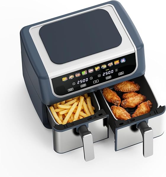 2 Baskets Air Fryer 9.5 QT, 10 in 1 Dual Air Fryers with Ceramic Crisper Plate, 80-450°F Wide Temp, Smart Cooking Mode with Match & Sync Cook, Shake Reminder, Roast, Defrost, Bake, Grey