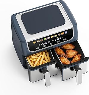 2 Baskets Air Fryer 9.5 QT, 10 in 1 Dual Air Fryers with Ceramic Crisper Plate, 80-450°F Wide Temp, Smart Cooking Mode with Match & Sync Cook, Shake Reminder, Roast, Defrost, Bake, Grey
