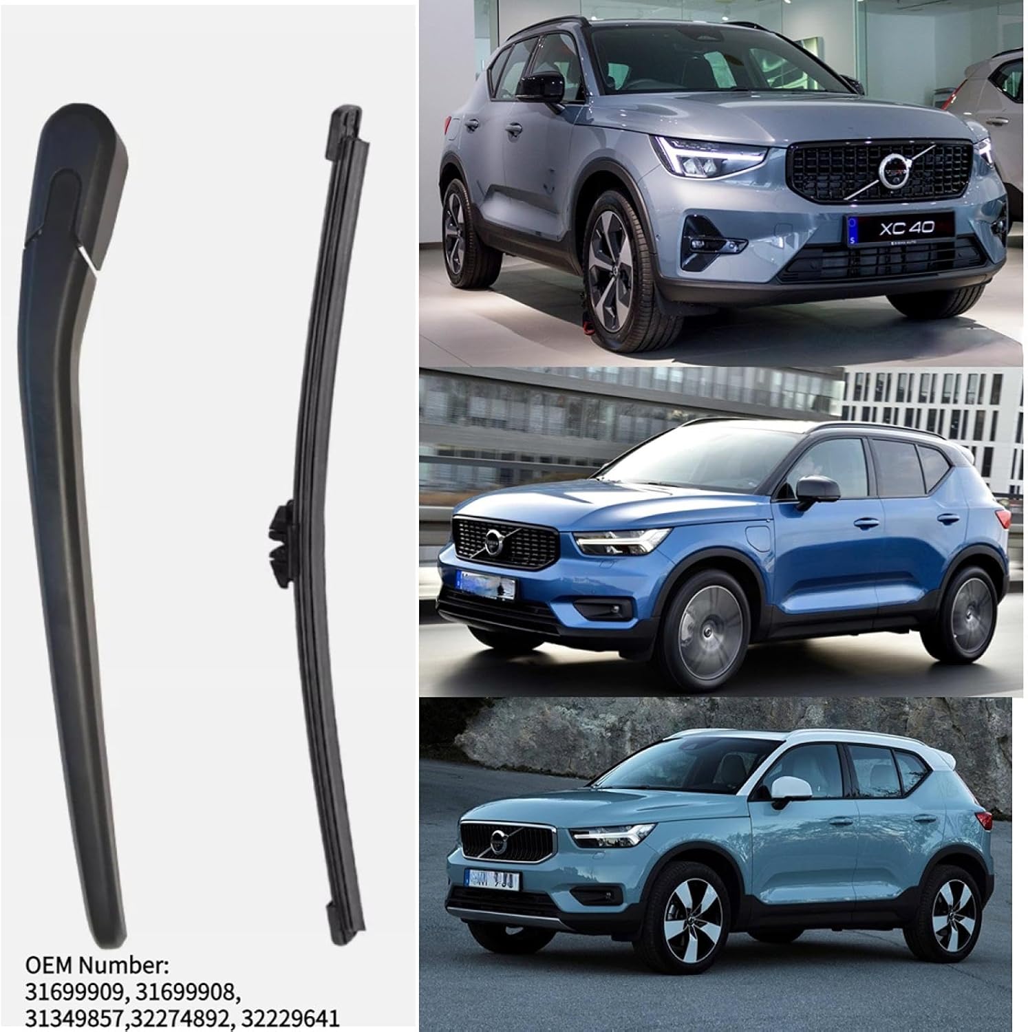 Rear Wiper Blade Arm Set for Volvo XC40 B4 B5 MILD HYBRID 2023 Core Plus Ultimate Recharge Ultimate Sport Utility EV-GAS (MHEV) DOHC Turbocharged Amaoudri Rear Back Windshield Wiper Blade Arm Set