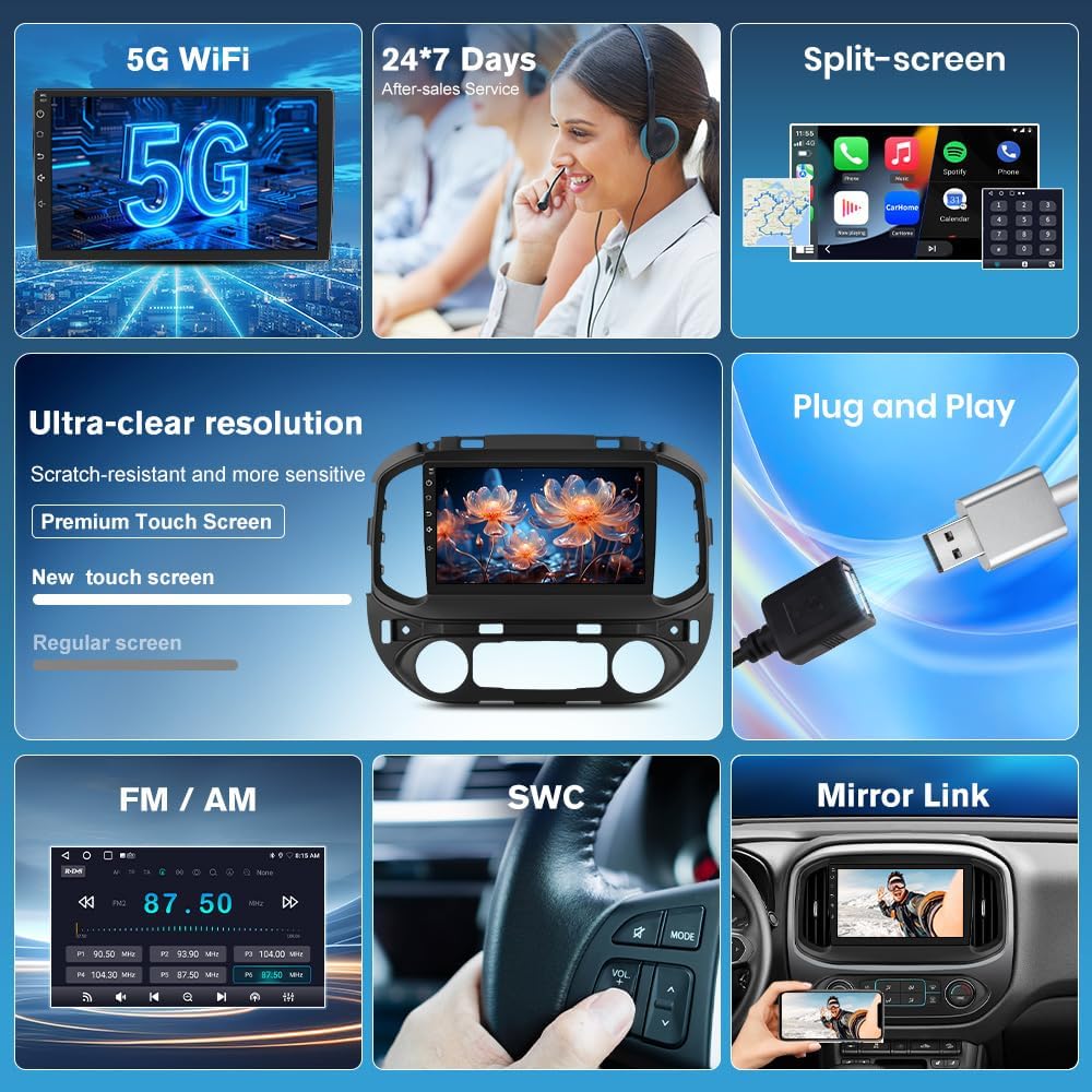 Junsun 5G WiFi Car Stereo for Chevrolet Colorado RG 2015-2019 GMC Canyon Base Mode(Low-end) with Wireless Carplay Android Auto Mirror Link,9’’ Touchscreen Support WiFi GPS Bluetooth SWC