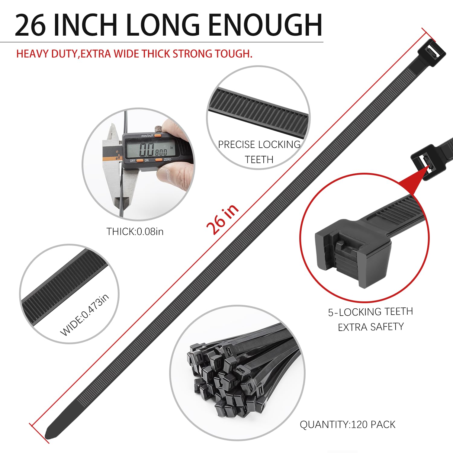 BethTie Fascette nere da 66 cm, resistenti, 120 pezzi, 136 kg, fascette in plastica ultra resistenti, fascette extra lunghe, resistenti ai raggi UV per interni ed esterni