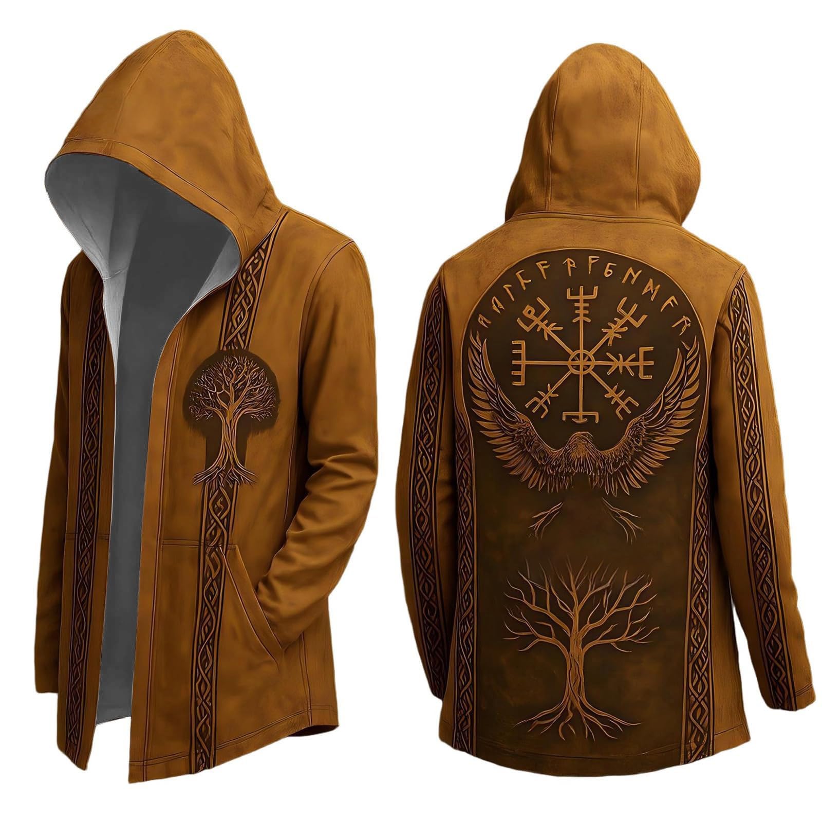 Men's Halloween Hoodie Medieval Norse Mythology Hooded Cardigan Motorcycle Jacket Long Sleeve Casual Loose Fit Streetwear Coat for Daily Wear Spring Autumn Winter (A2-Brown, 4XL)