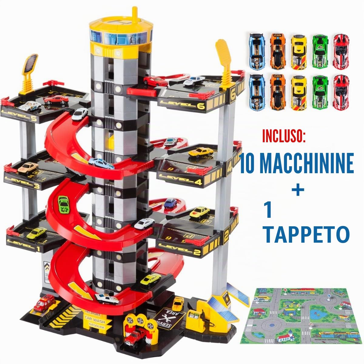 MOLTO | Parcheggio d'infanzia di 7 piani con garage, rampe, lavanderia, ascensore, stazione di benzina e area unta | Include 10 auto + accesori | Giocattoli educativi per bambini | + 3 anni