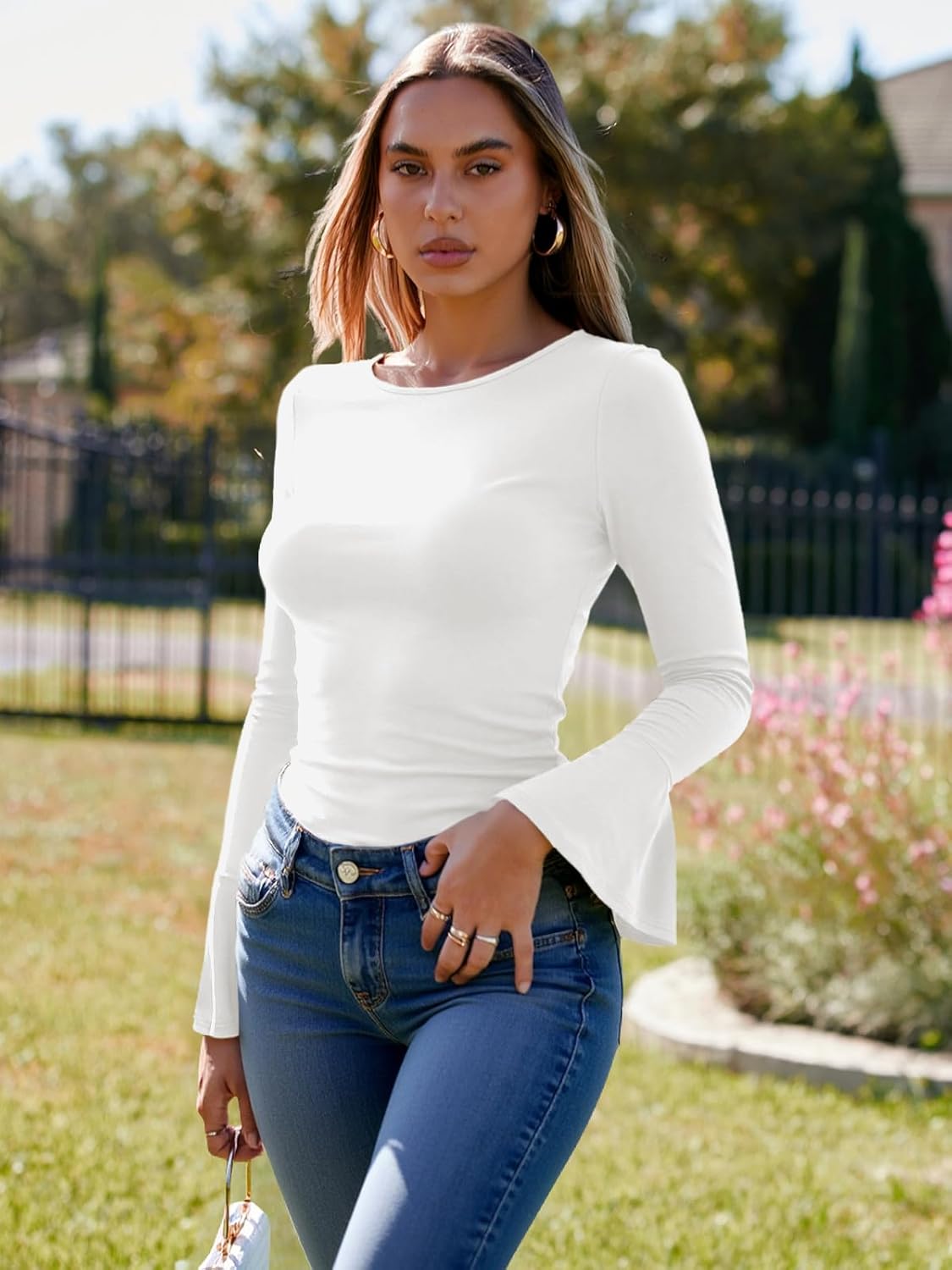 Cicy Bell Womens Long Bell Sleeve Tops Boat Neck Going Out Fitted Shirts Trendy Casual Basic Tees White - Image 6